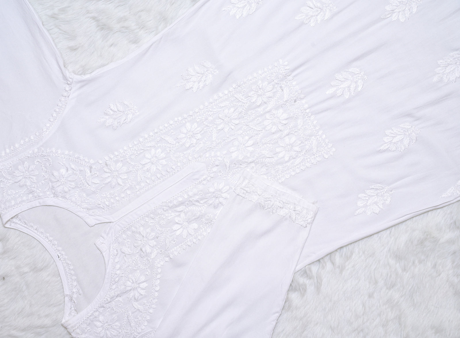 White Long Rayon Kurta with Self Chikankari