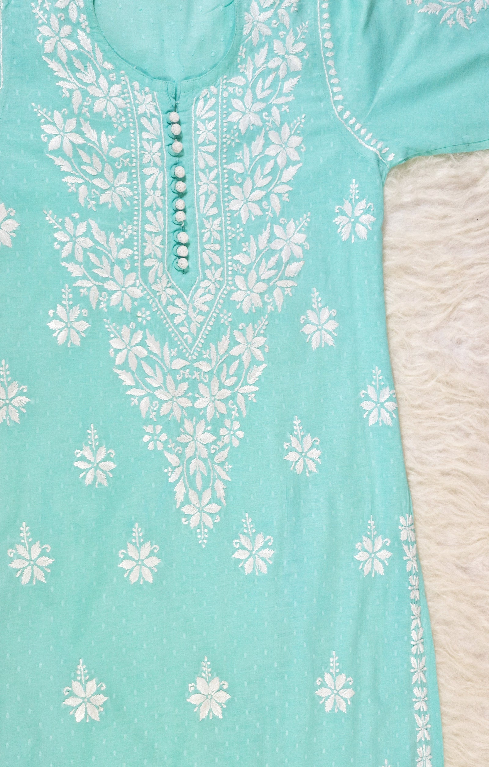 Sea Green Cotton Kurta with Chikankari & Crochet Buttons 