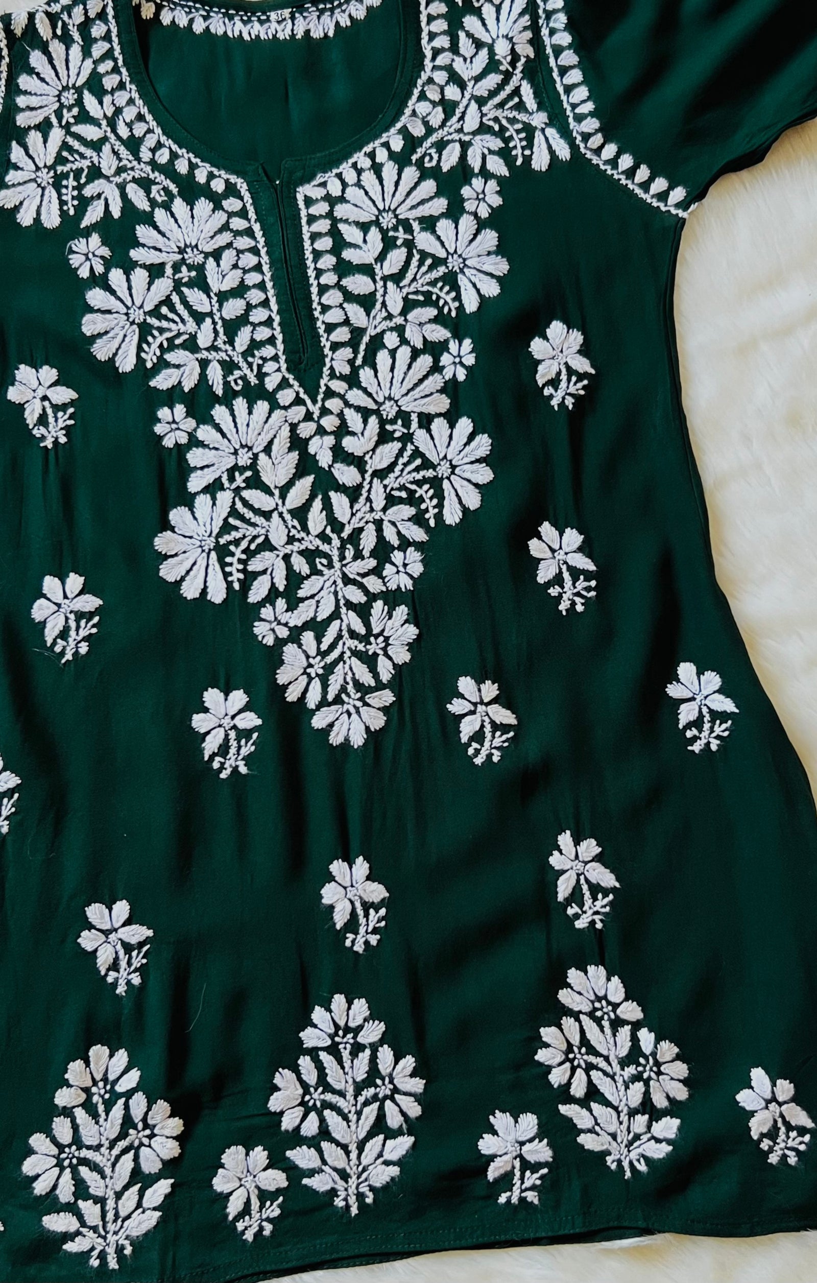 Dark Green Short Rayon Kurta with White Chikankari