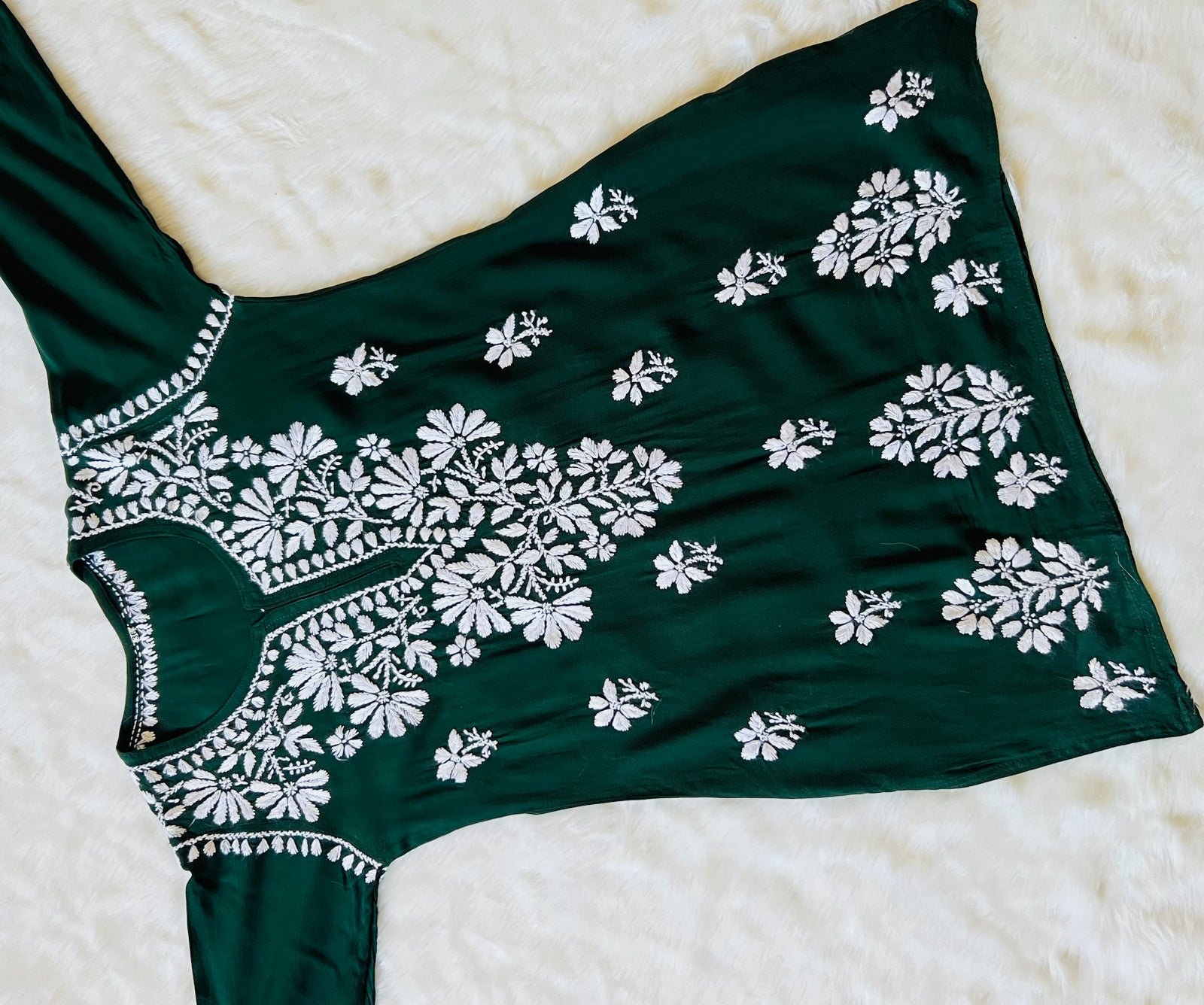 Dark Green Short Rayon Kurta with White Chikankari