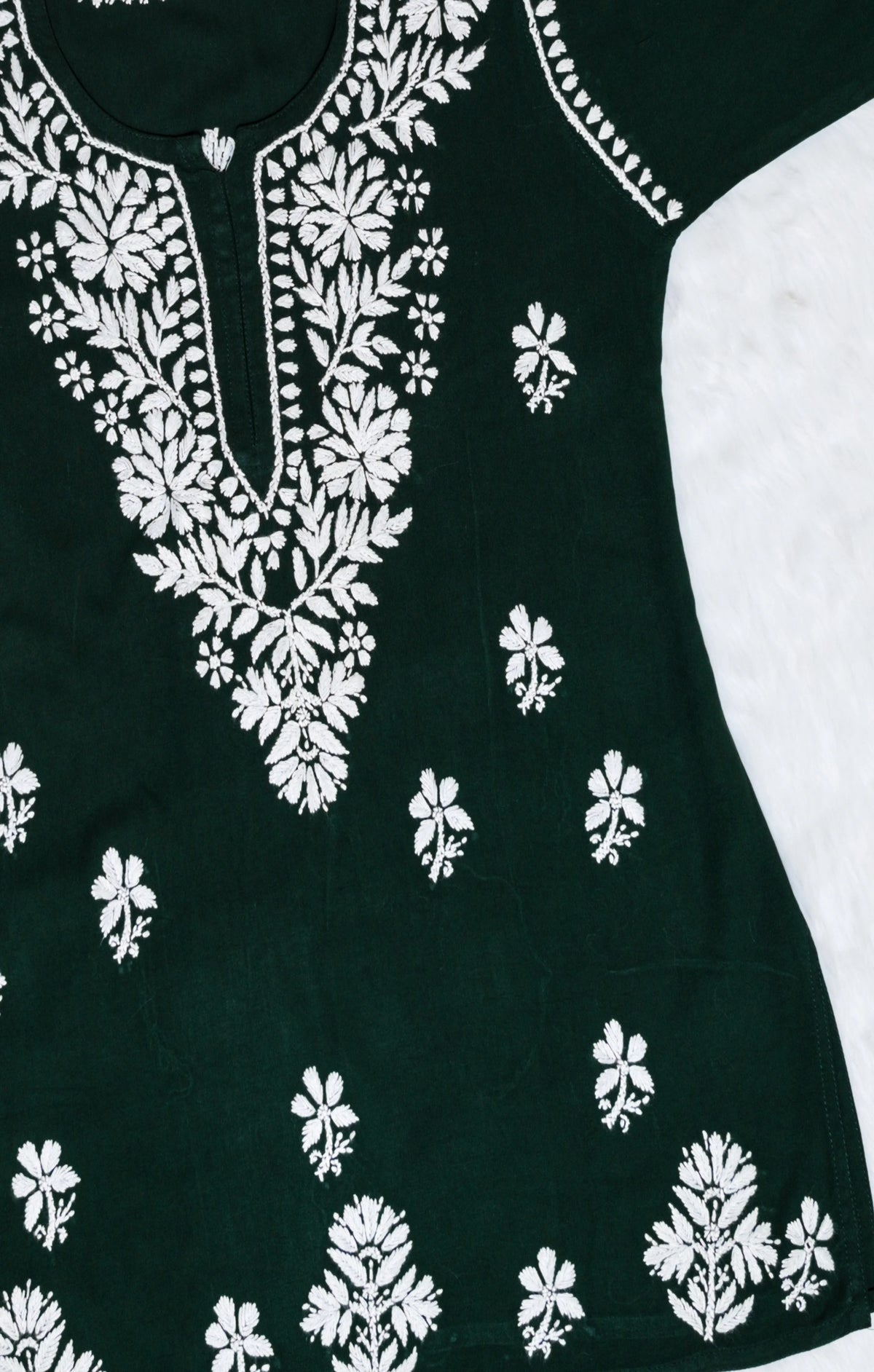 Dark Green Short Rayon Kurta with White Chikankari