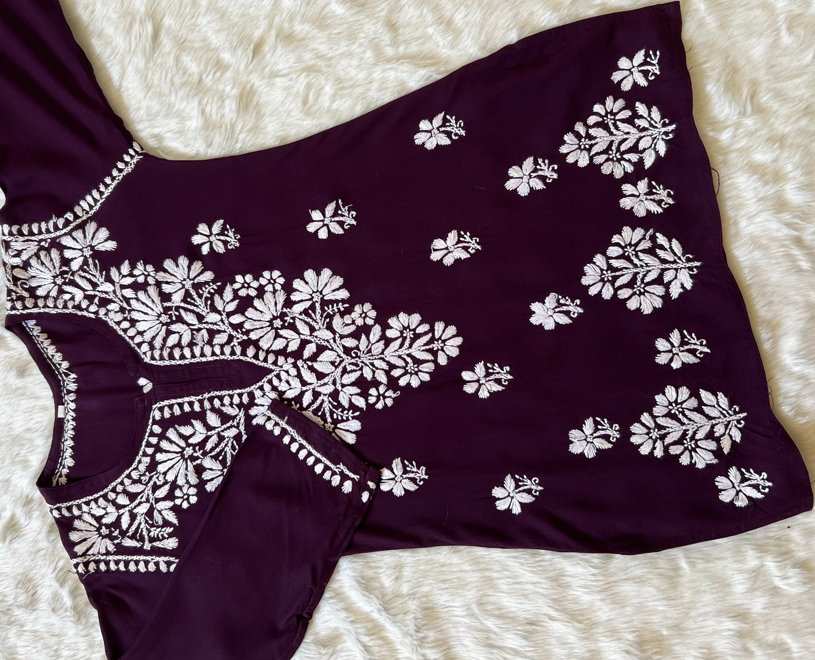 Dark purple Short Rayon Kurta with White Chikankari