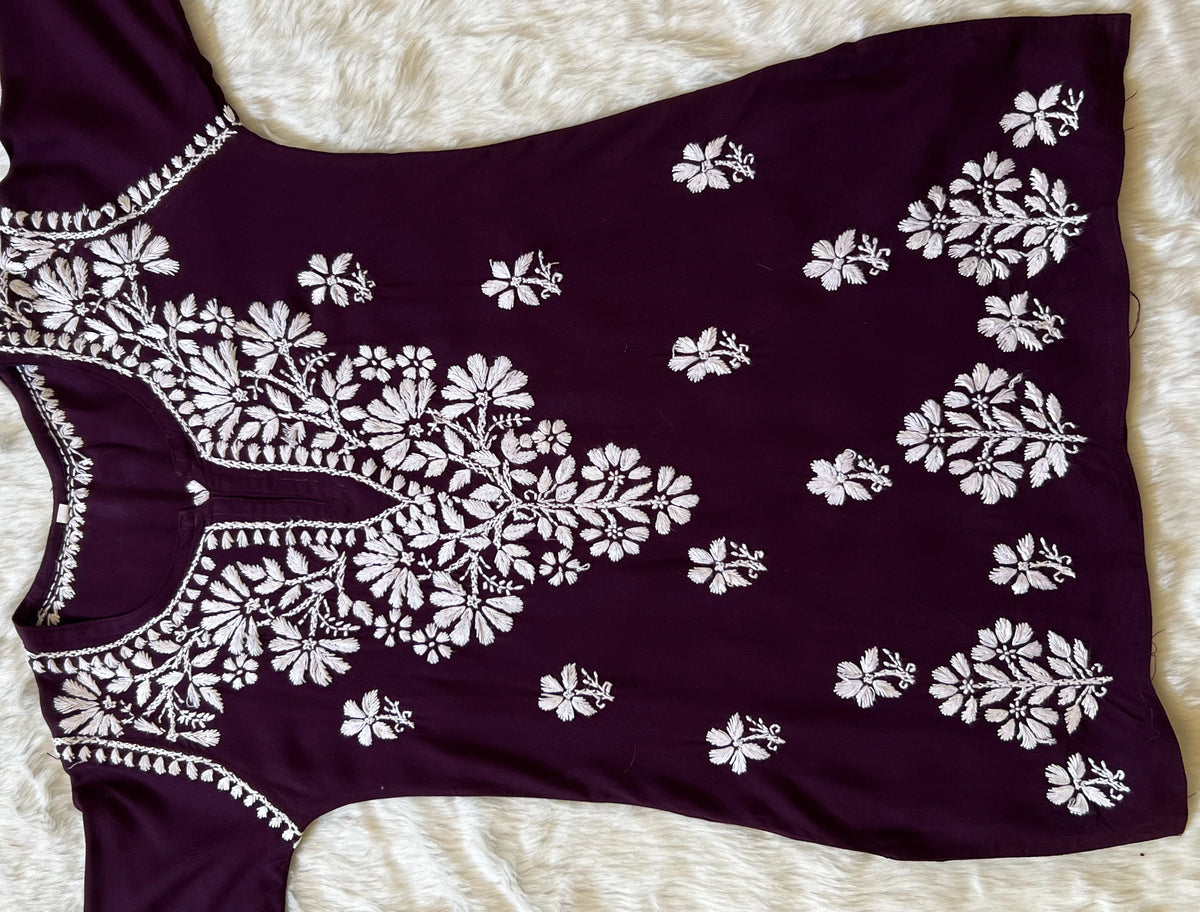 Dark purple Short Rayon Kurta with White Chikankari