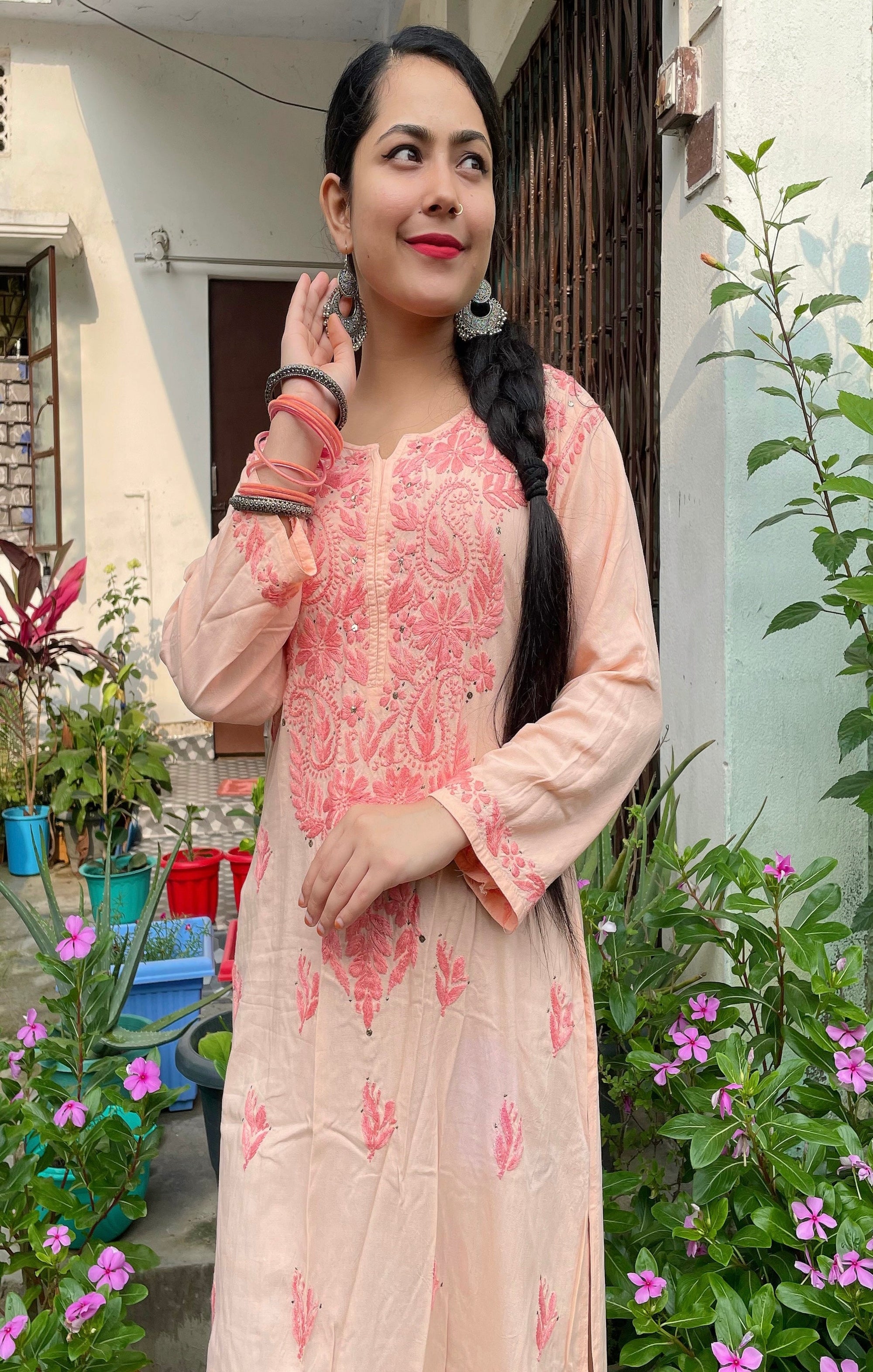 Peach Rayon Kurta with Self Chikankari & Mukesh Work