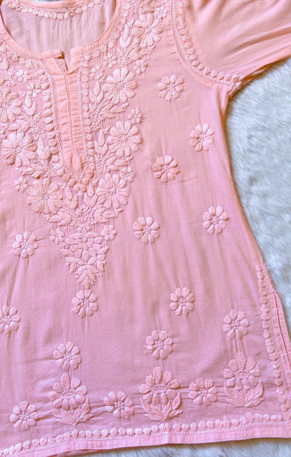 Falak Bright Peach Mulmul Short Kurti with Chikankari Handwork
