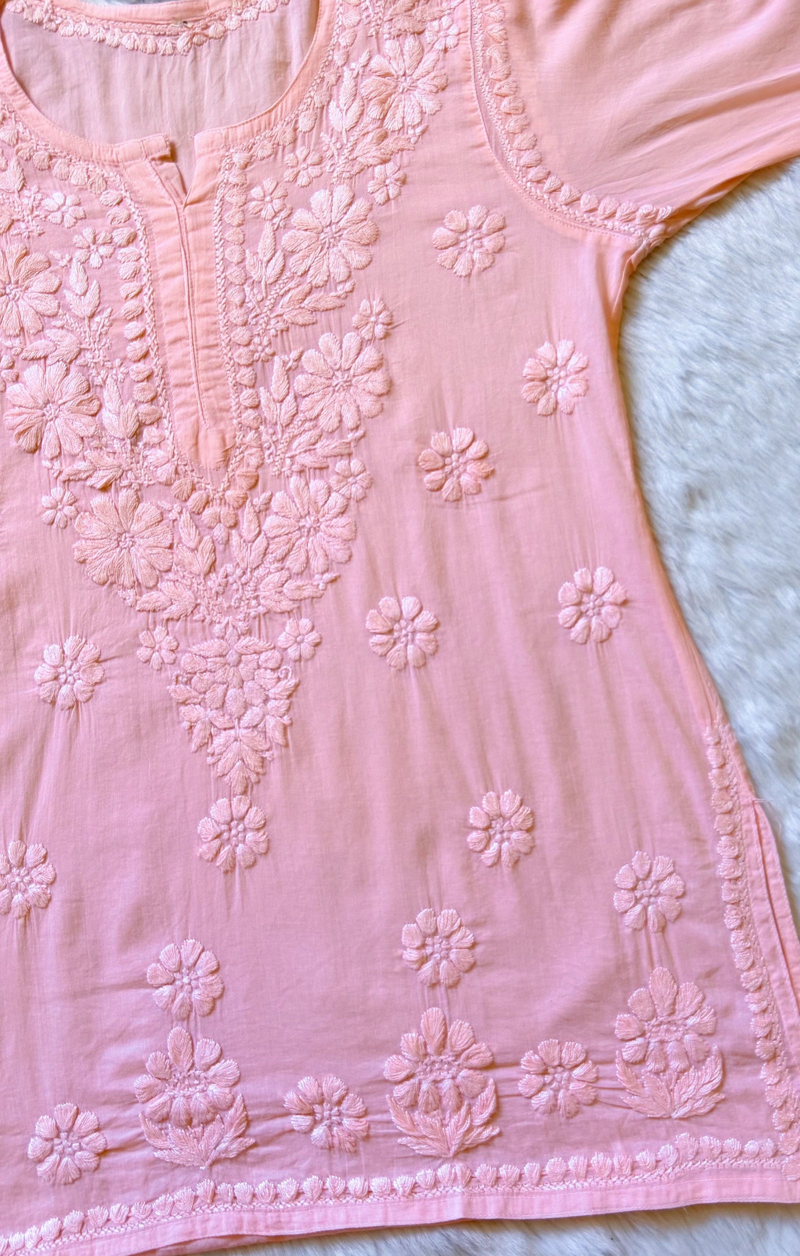 Falak Bright Peach Mulmul Short Kurti with Chikankari Handwork
