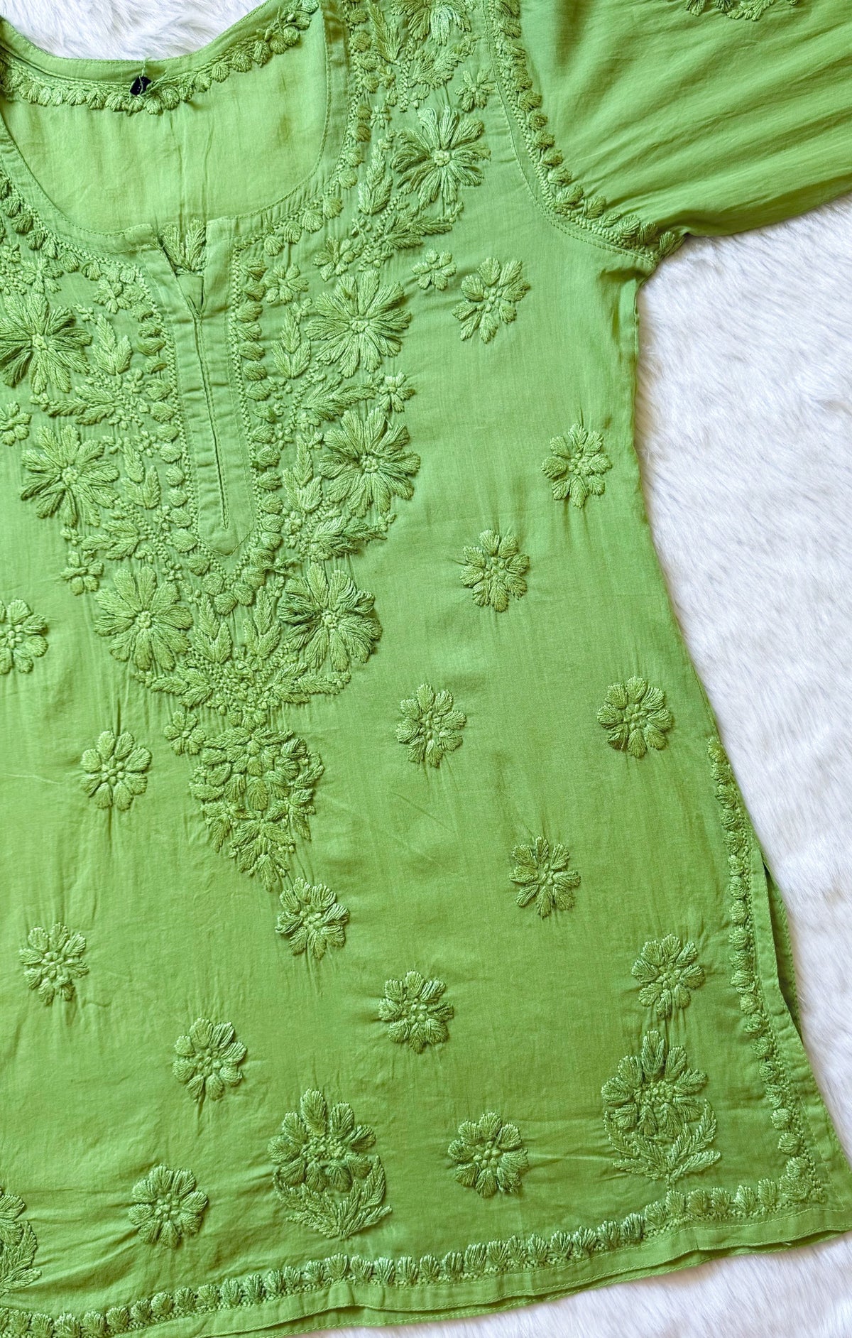 Falak Green Mulmul Short Kurti with Chikankari Handwork