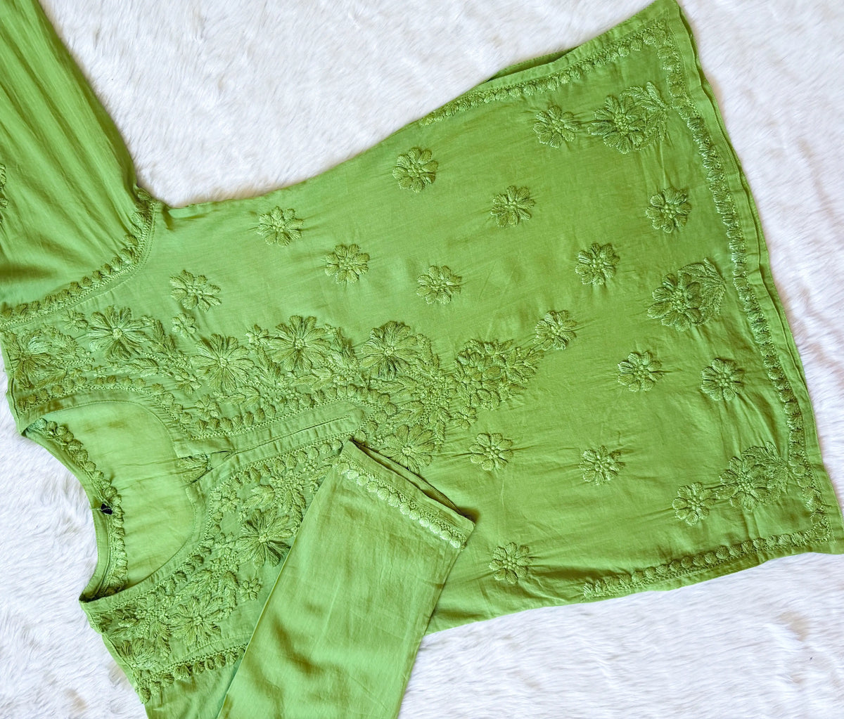 Falak Green Mulmul Short Kurti with Chikankari Handwork