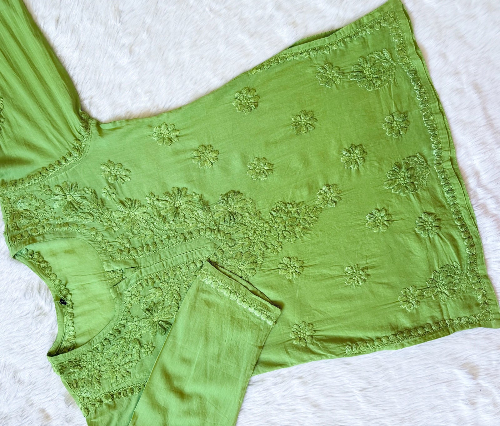 Falak Green Mulmul Short Kurti with Chikankari Handwork