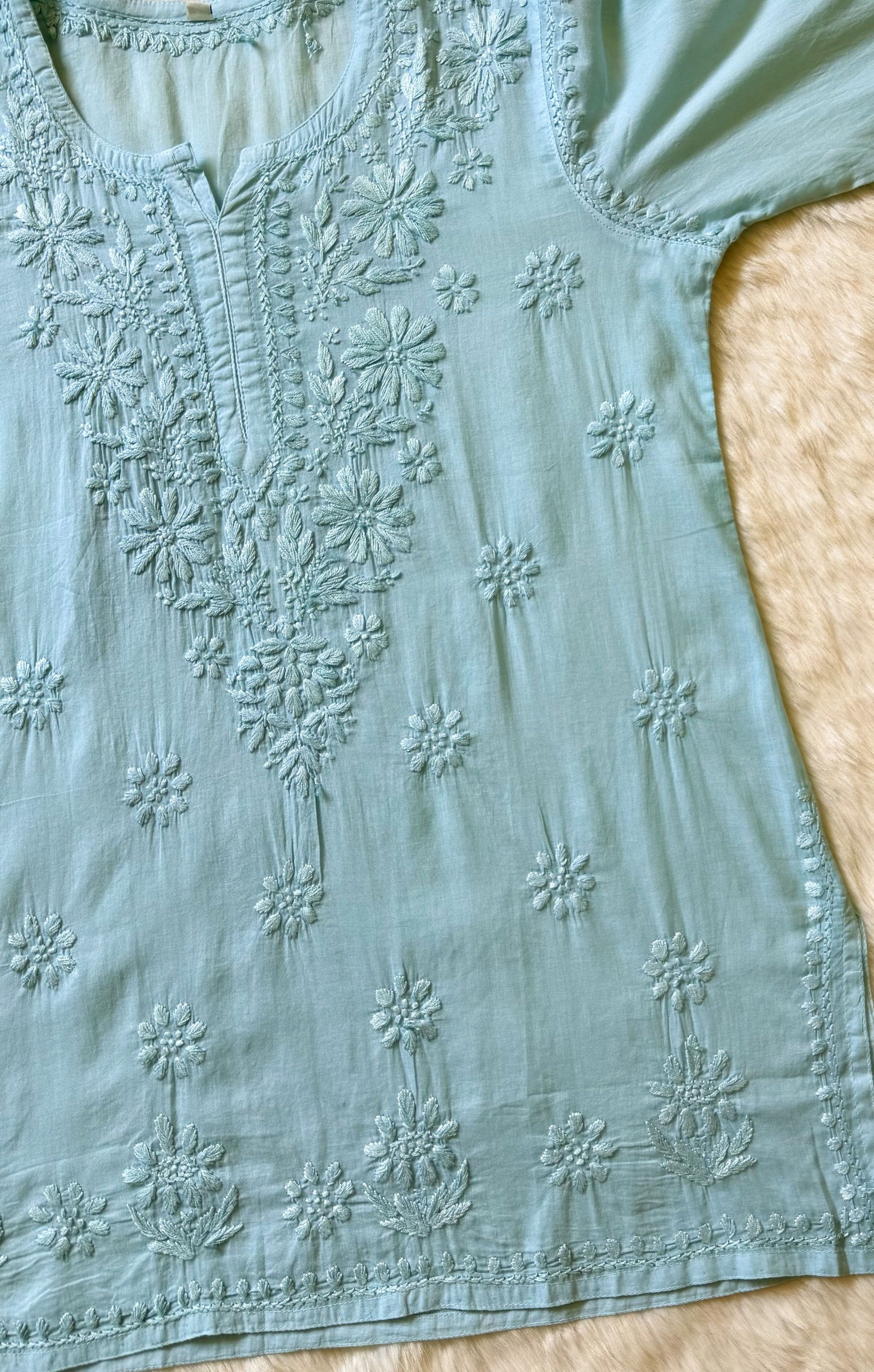 Falak Ice Blue Mulmul Short Kurti with Chikankari Handwork