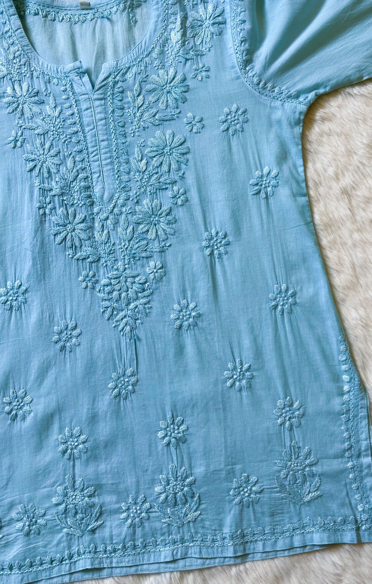 Falak Ice Blue Mulmul Short Kurti with Chikankari Handwork