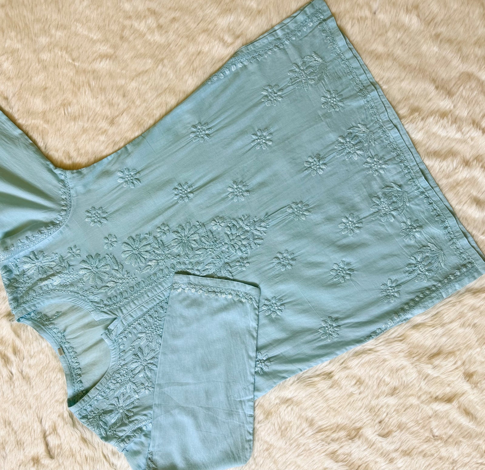 Falak Ice Blue Mulmul Short Kurti with Chikankari Handwork