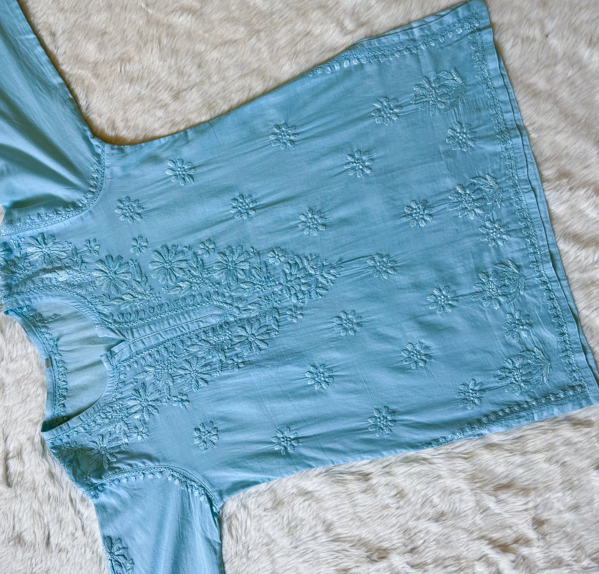 Falak Ice Blue Mulmul Short Kurti with Chikankari Handwork