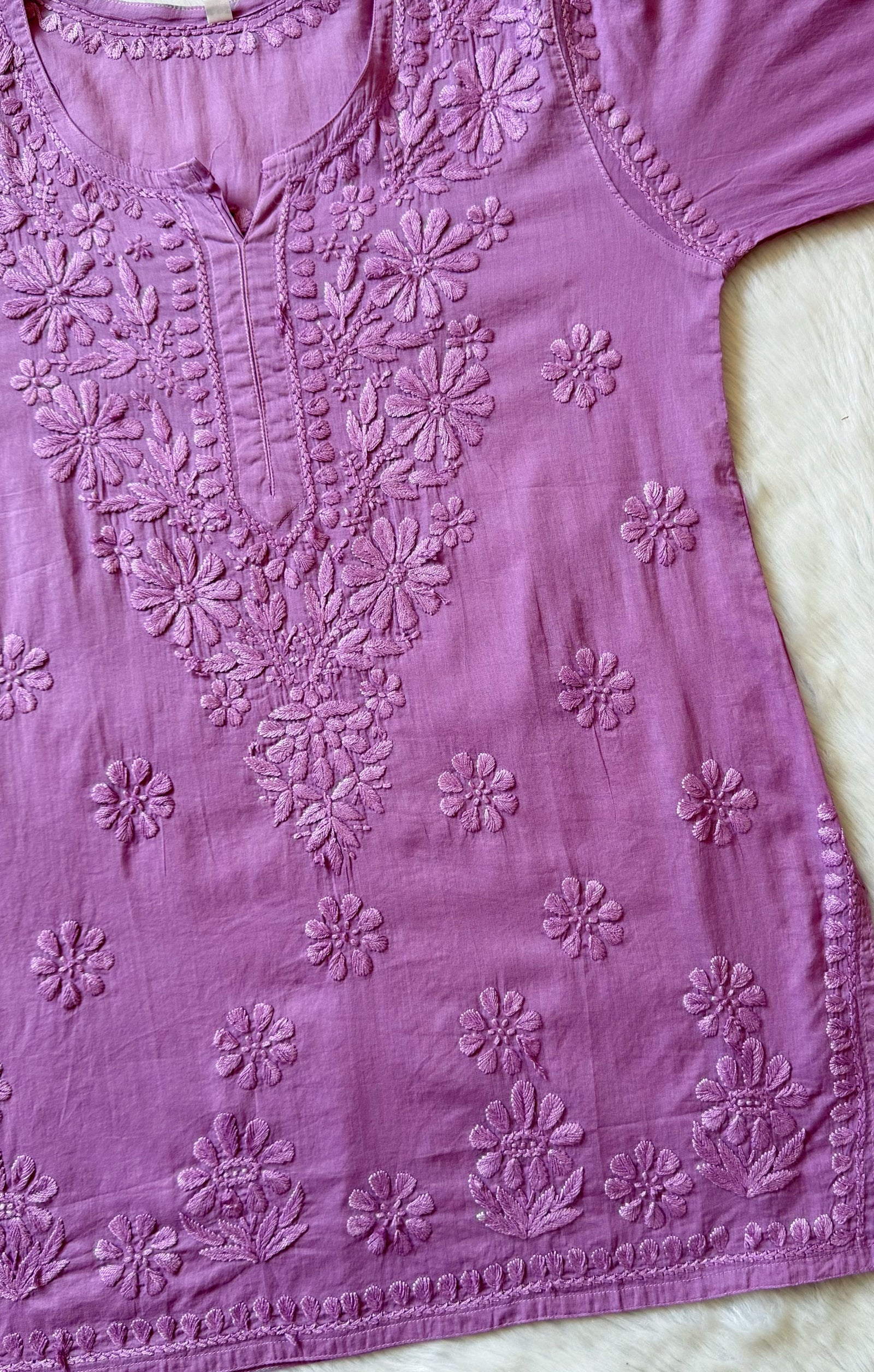 Falak Mauve Purple Mulmul Short Kurti with Chikankari Handwork