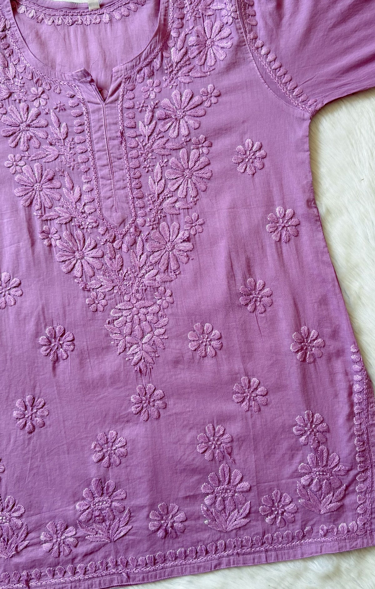 Falak Mauve Purple Mulmul Short Kurti with Chikankari Handwork