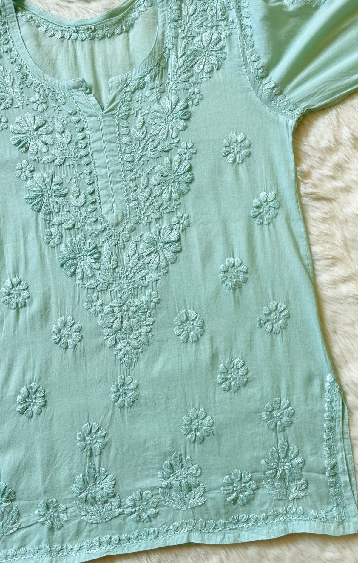 Falak Mint Green Mulmul Short Kurti with Chikankari Handwork