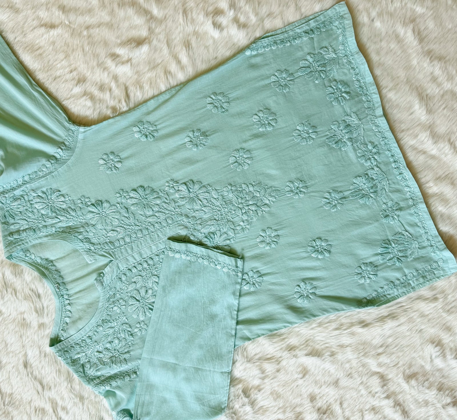 Falak Mint Green Mulmul Short Kurti with Chikankari Handwork