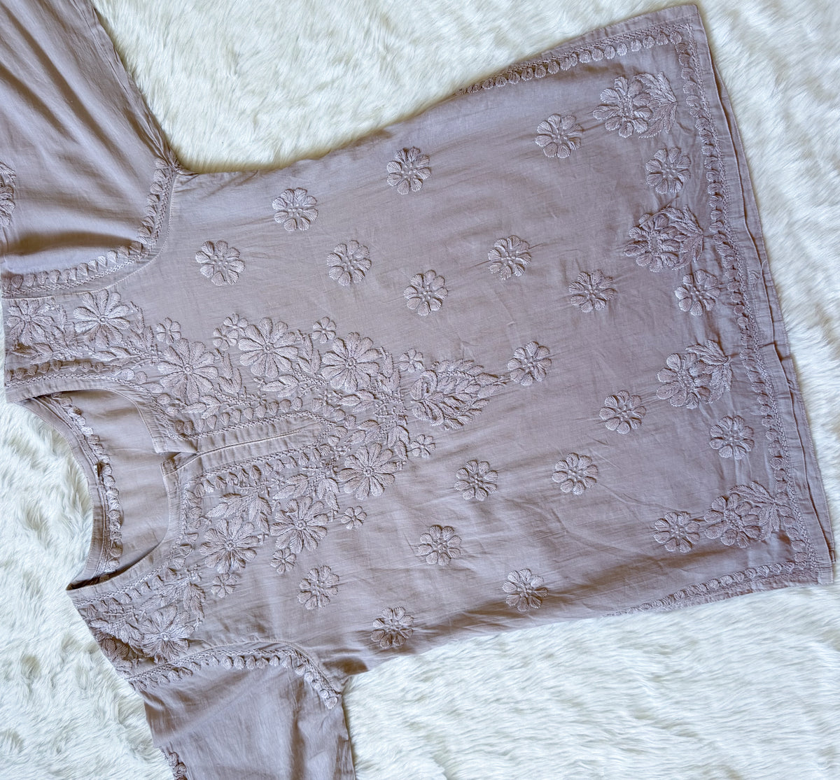Falak Pale Grey Mulmul Short Kurti with Chikankari Handwork
