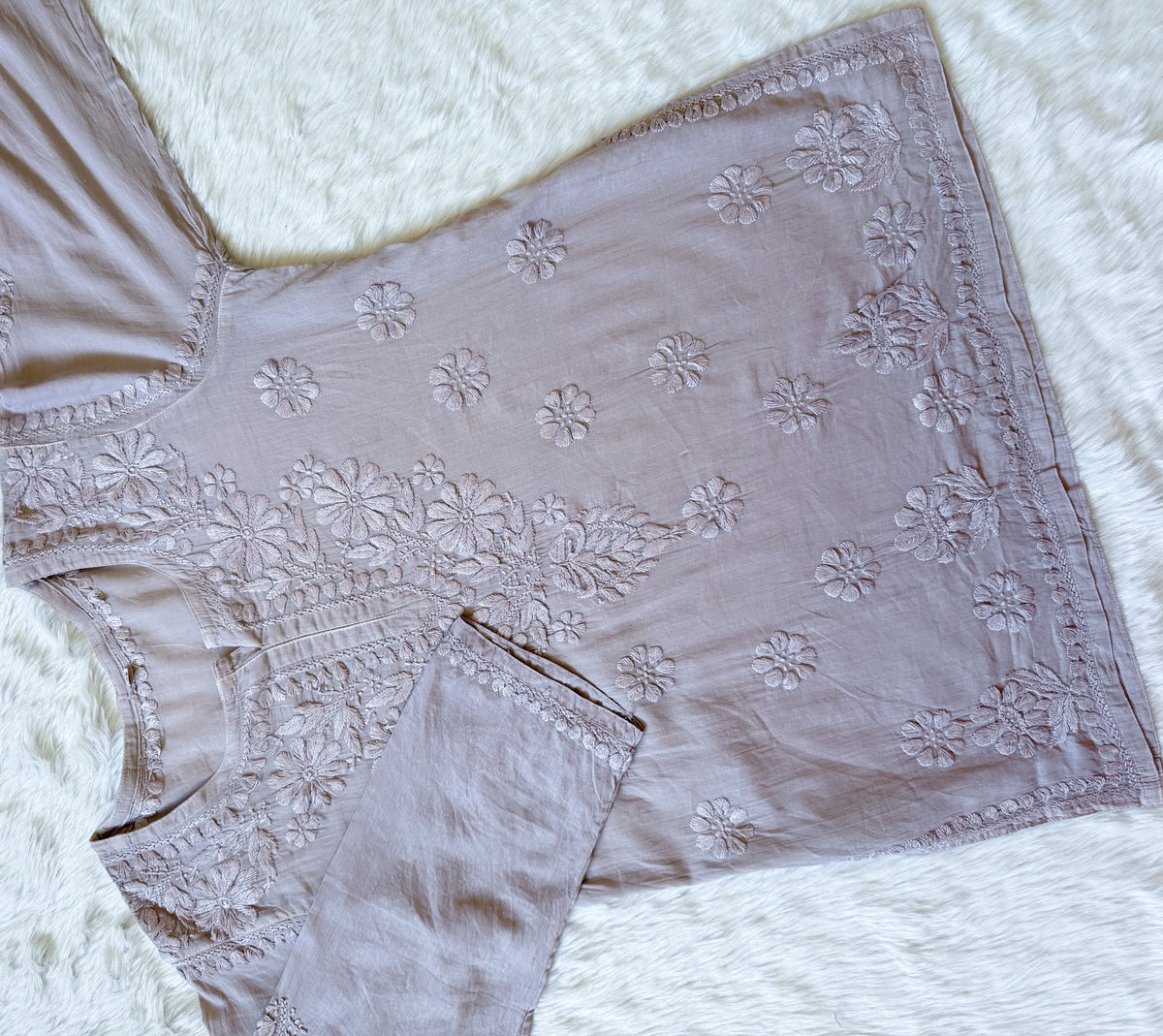 Falak Pale Grey Mulmul Short Kurti with Chikankari Handwork