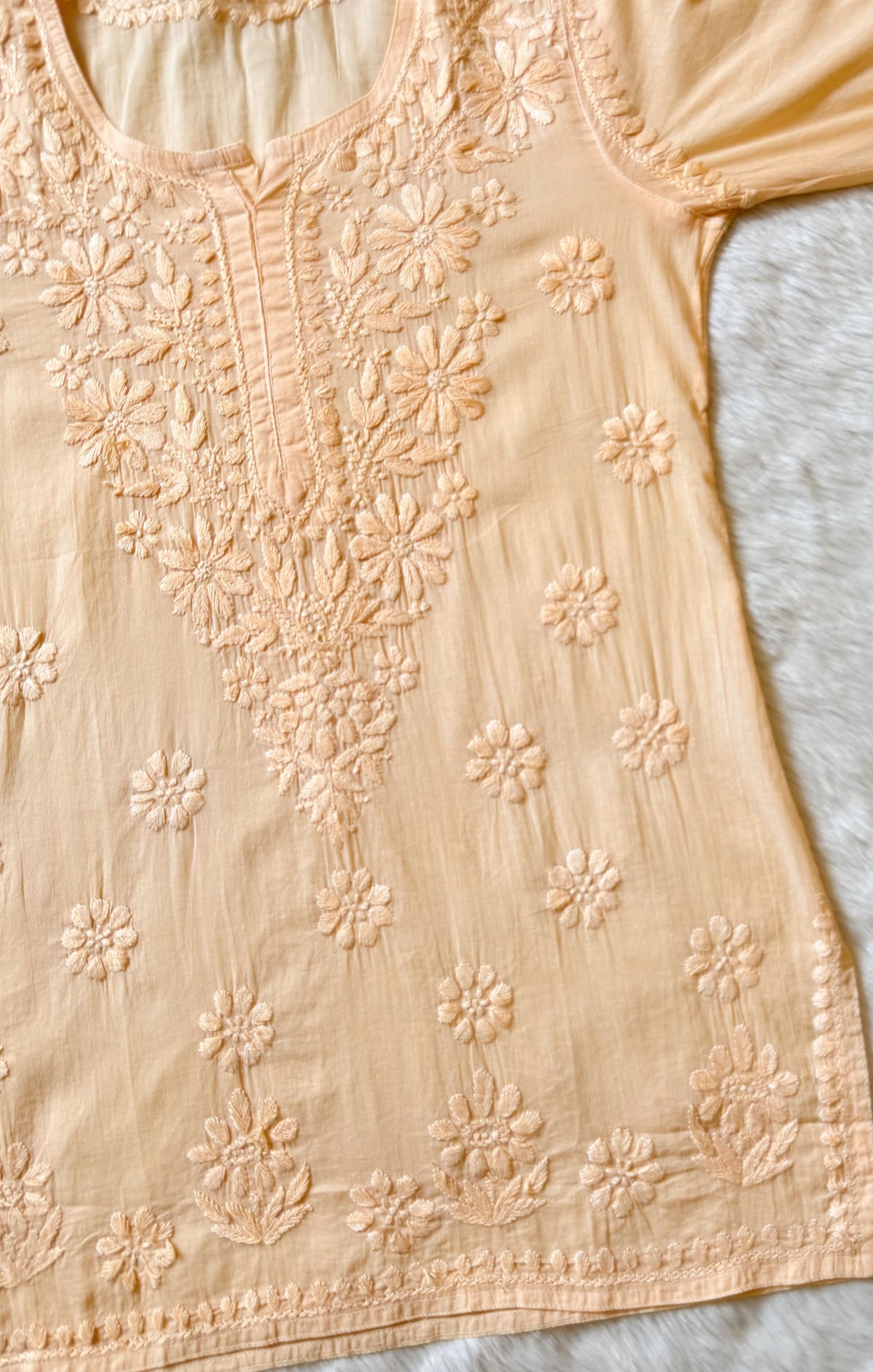 Falak Pale Peach Mulmul Short Kurti with Chikankari Handwork