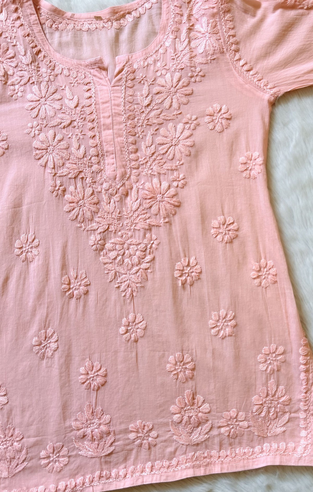 Falak Peach Mulmul Short Kurti with Chikankari Handwork 