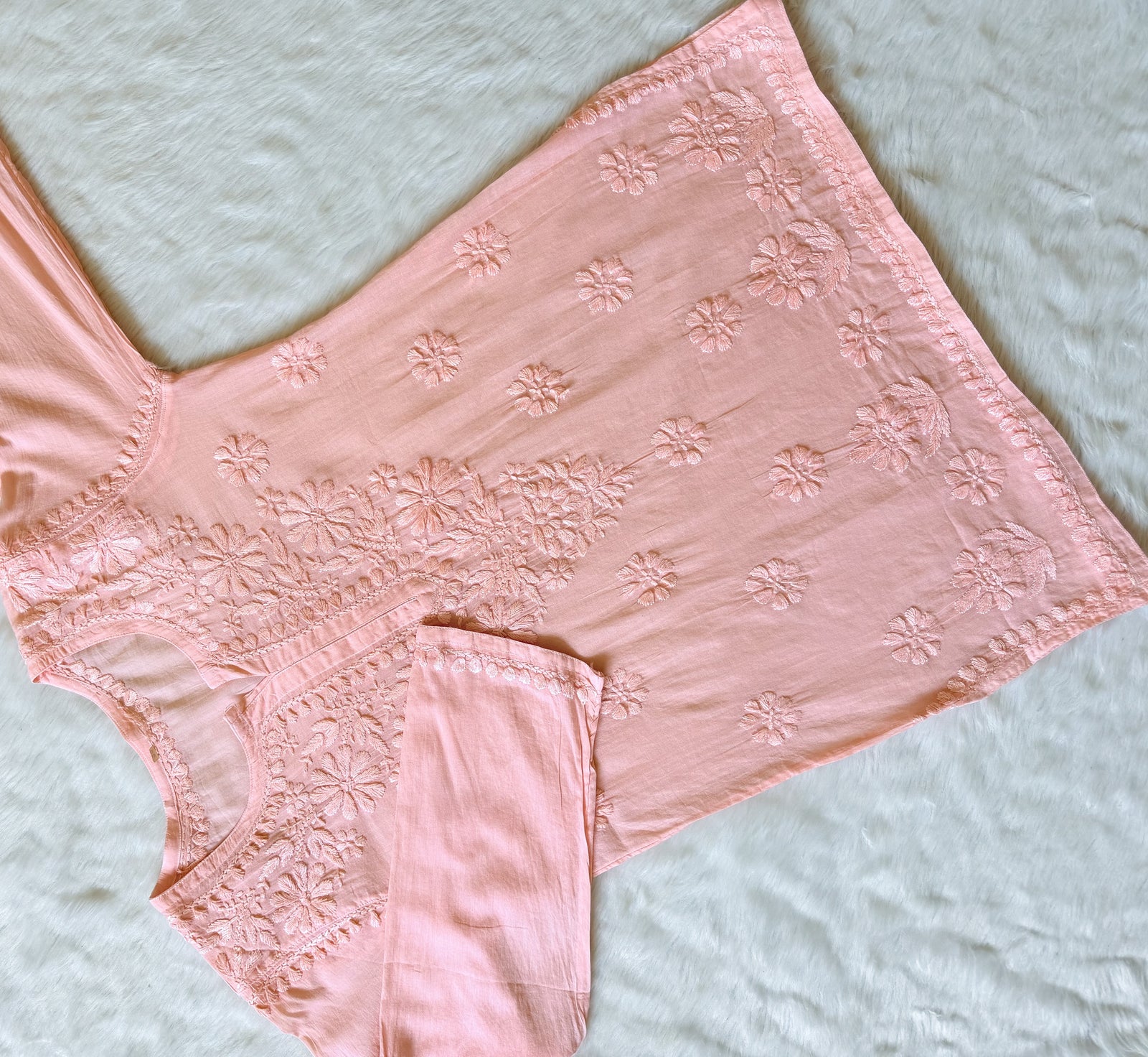 Falak Peach Mulmul Short Kurti with Chikankari Handwork 