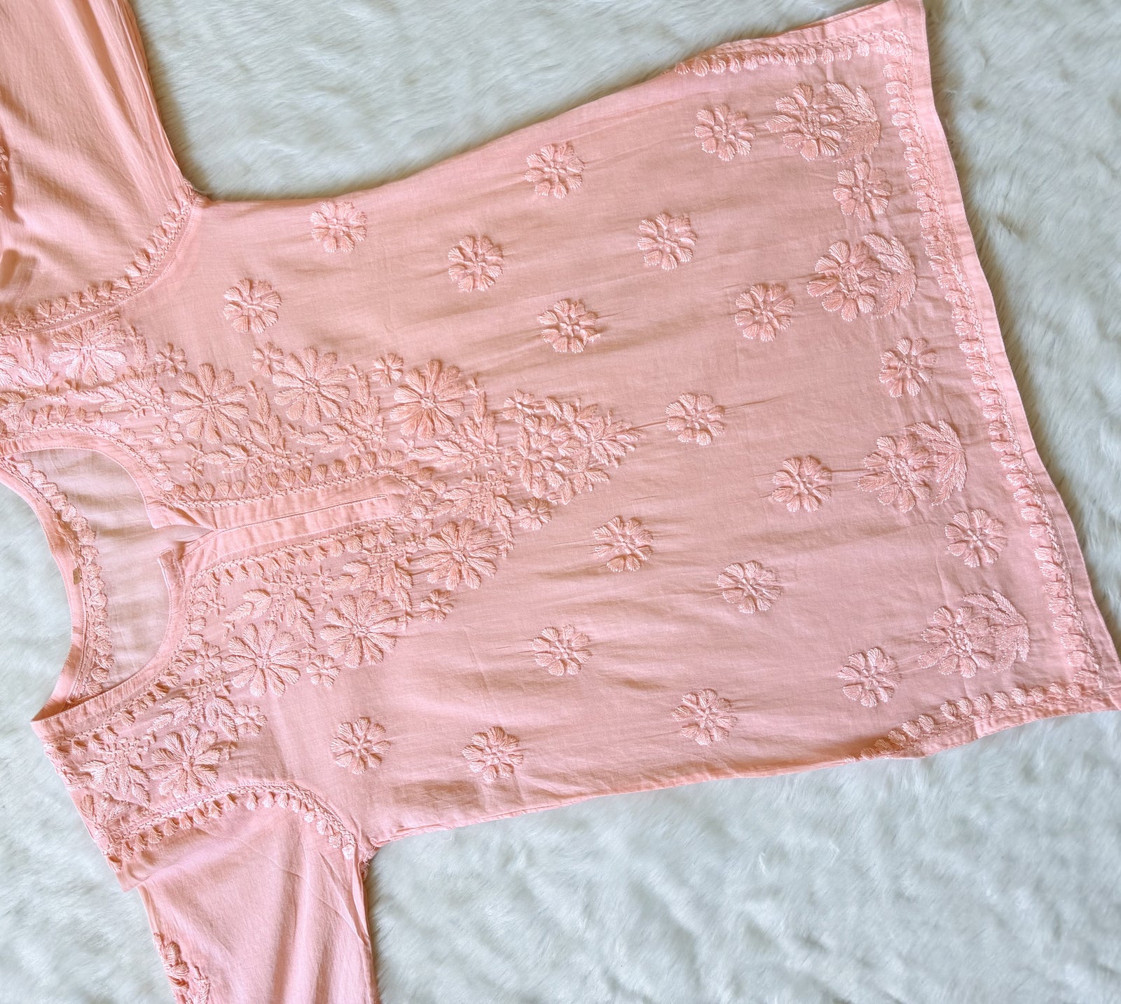 Falak Peach Mulmul Short Kurti with Chikankari Handwork 