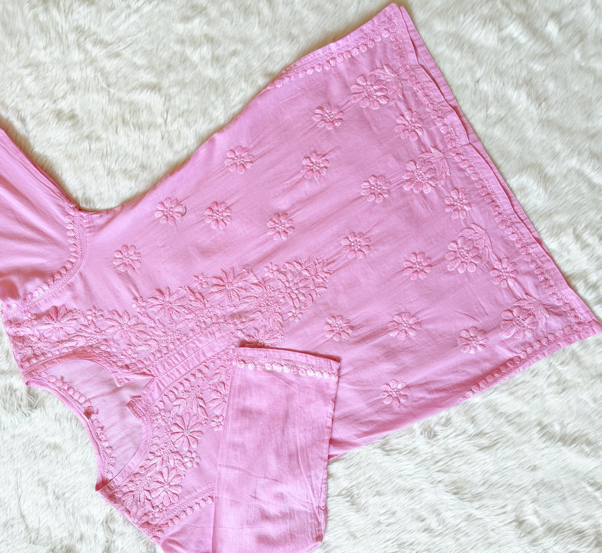 Falak Pink Mulmul Short Kurti with Chikankari Handwork