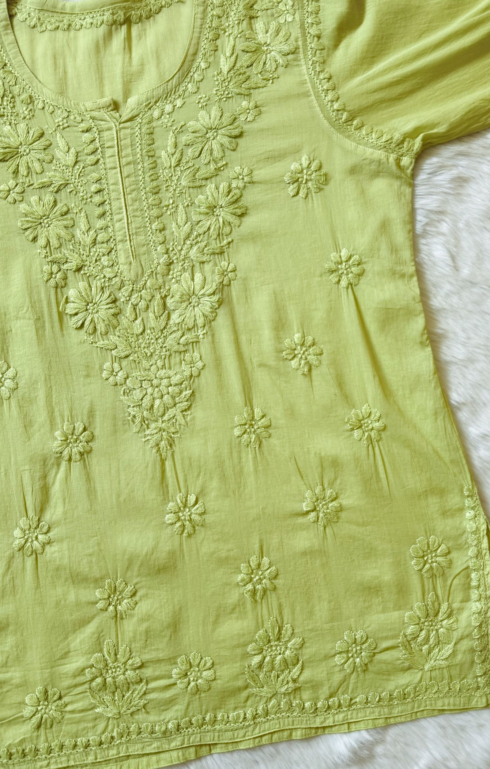 Falak Pista Green Mulmul Short Kurti with Chikankari Handwork