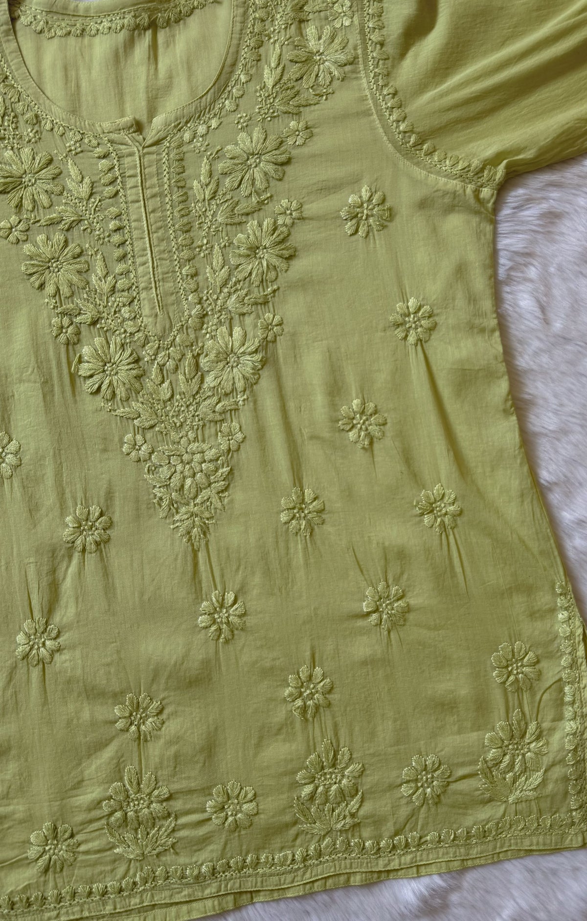 Falak Pista Green Mulmul Short Kurti with Chikankari Handwork