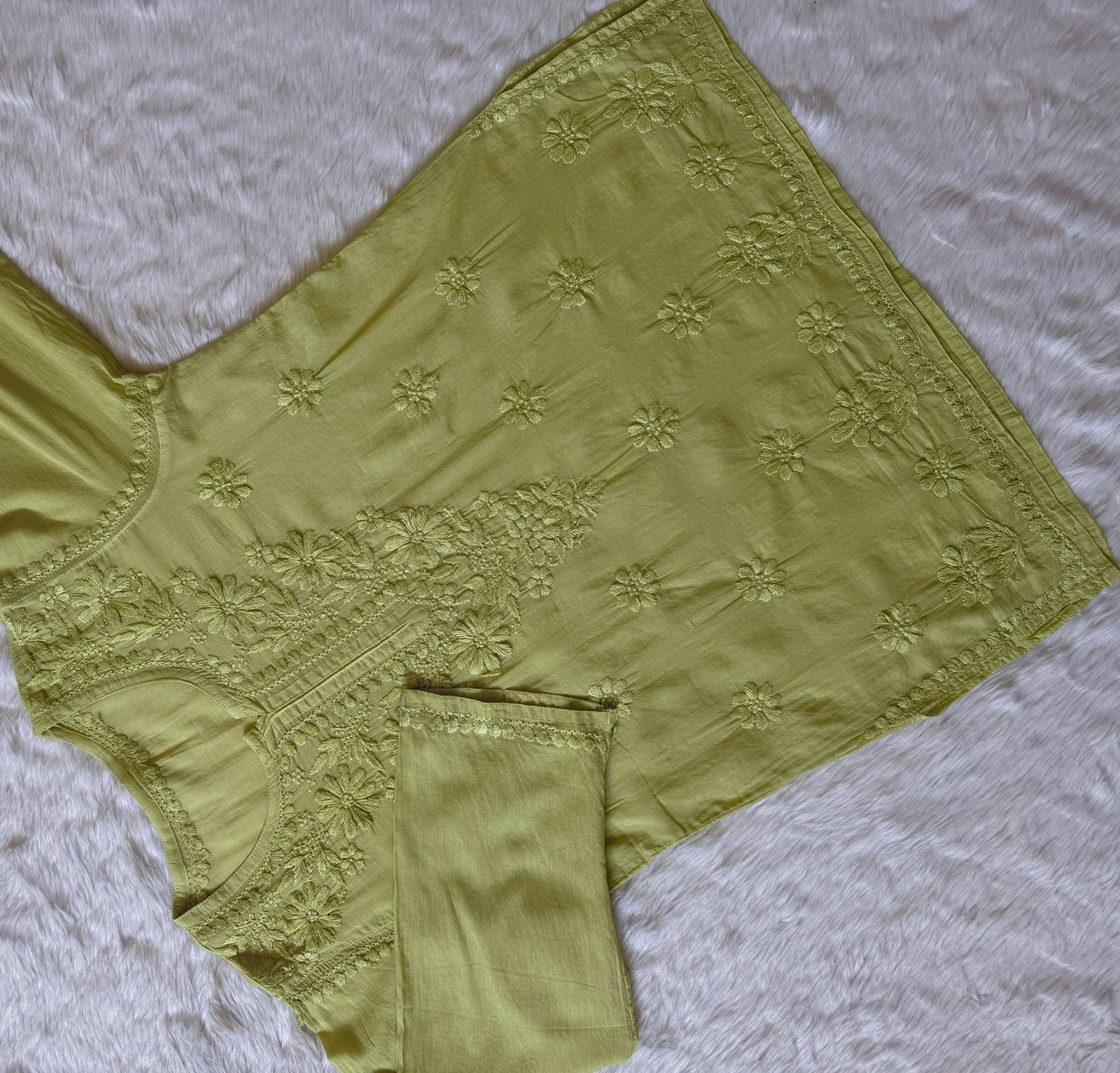 Falak Pista Green Mulmul Short Kurti with Chikankari Handwork