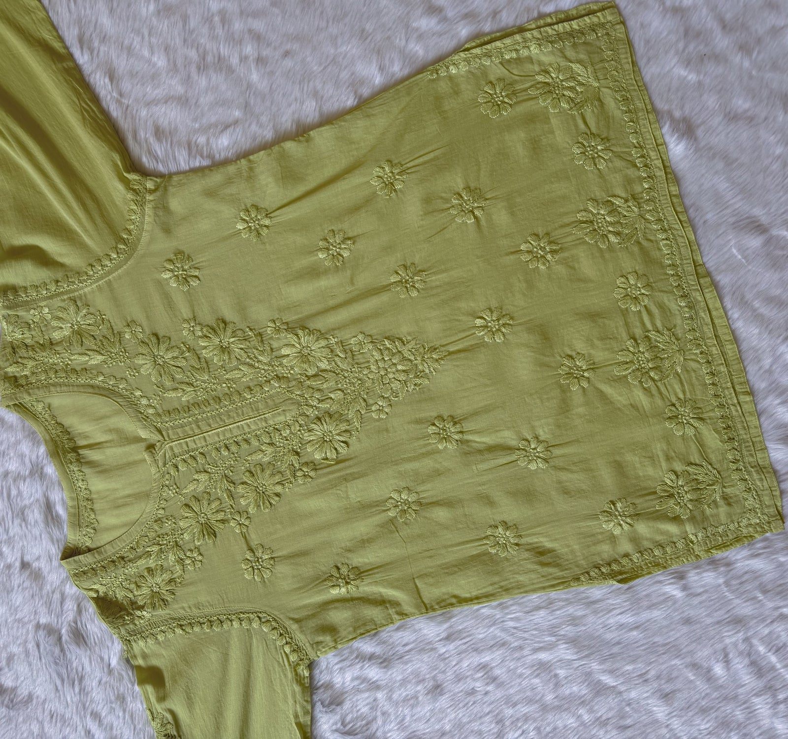 Falak Pista Green Mulmul Short Kurti with Chikankari Handwork