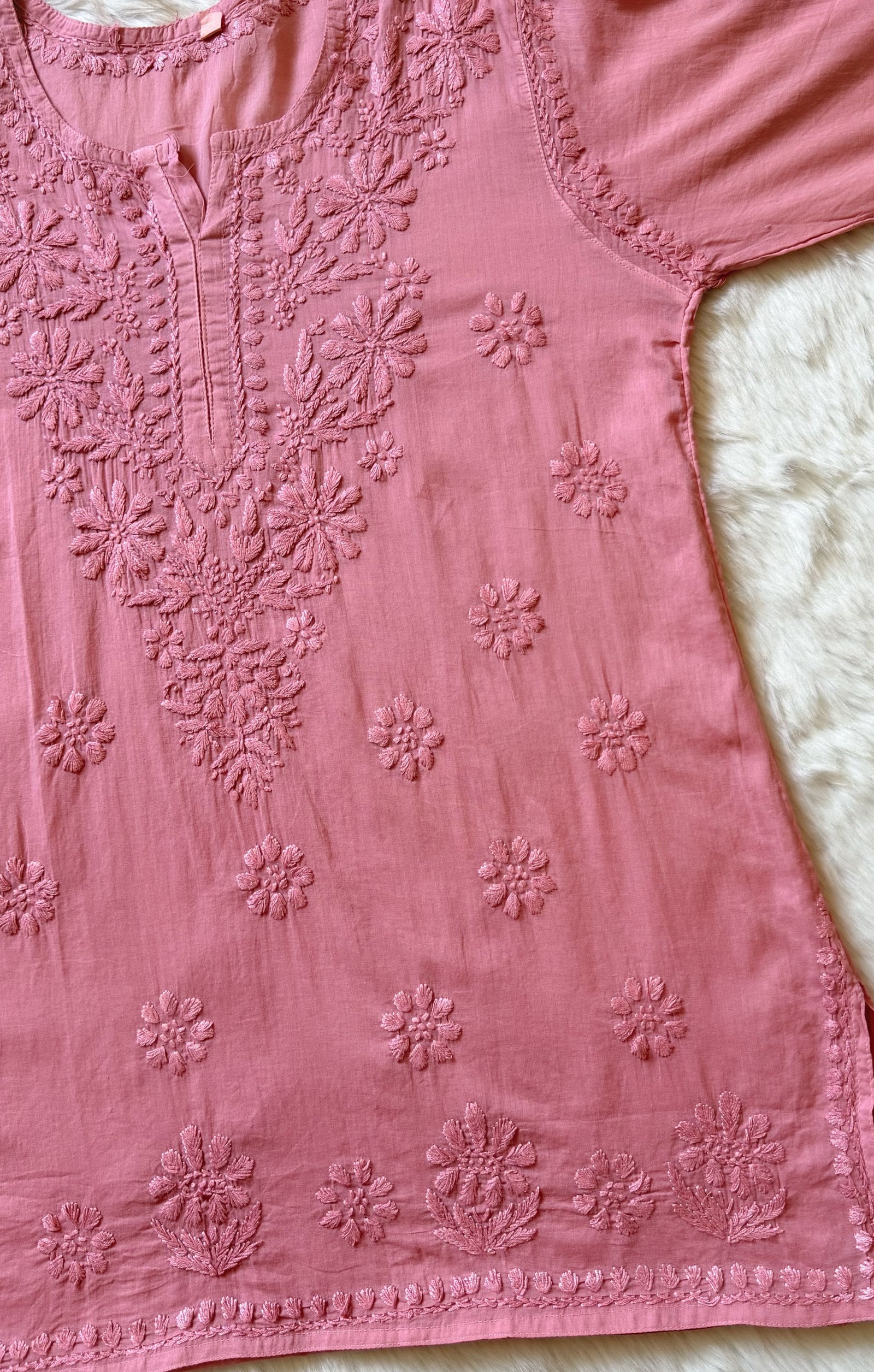 Falak Rosewood Pink Mulmul Short Kurti with Chikankari Handwork