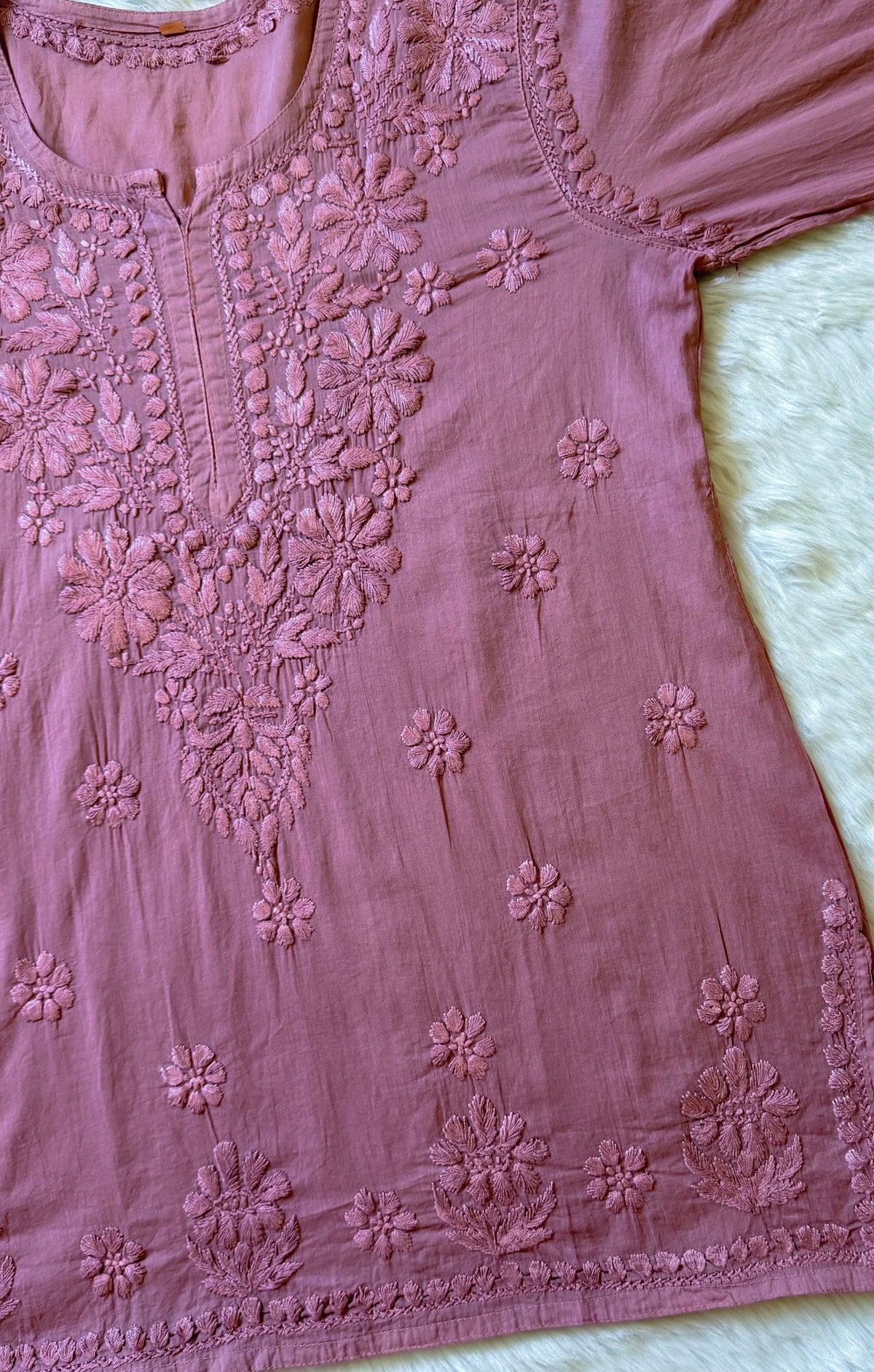 Falak Rosewood Pink Mulmul Short Kurti with Chikankari Handwork
