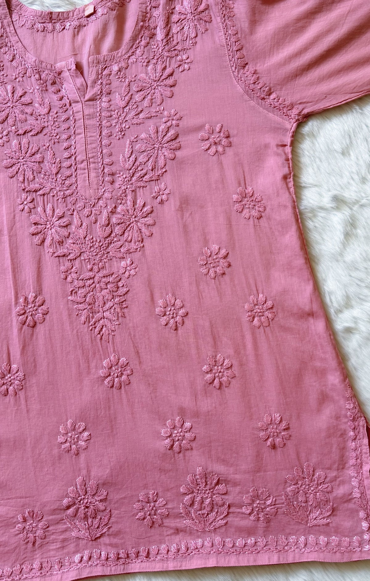 Falak Rosewood Pink Mulmul Short Kurti with Chikankari Handwork