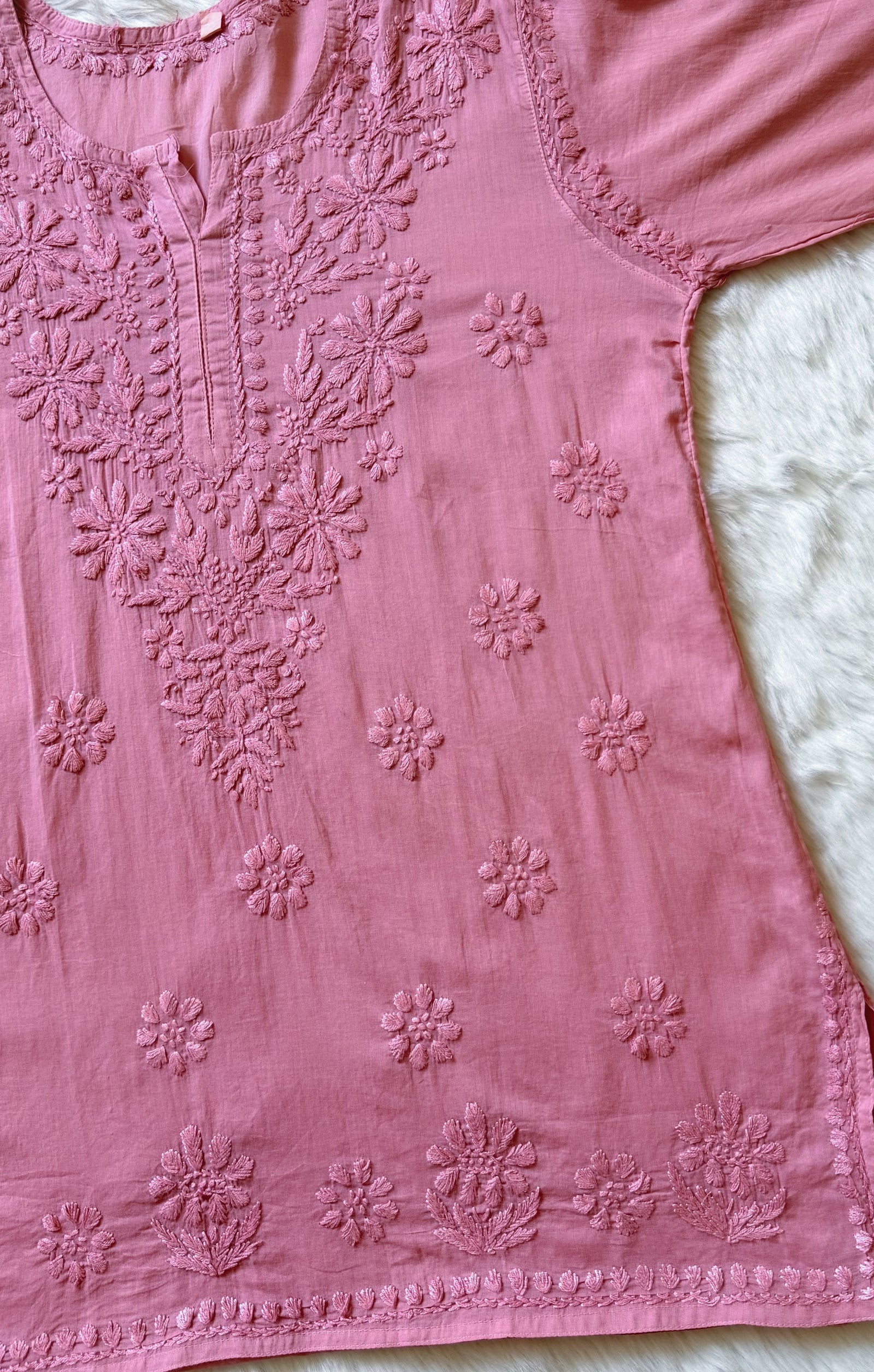 Falak Rosewood Pink Mulmul Short Kurti with Chikankari Handwork