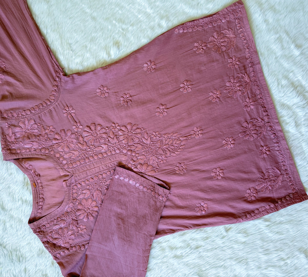 Falak Rosewood Pink Mulmul Short Kurti with Chikankari Handwork