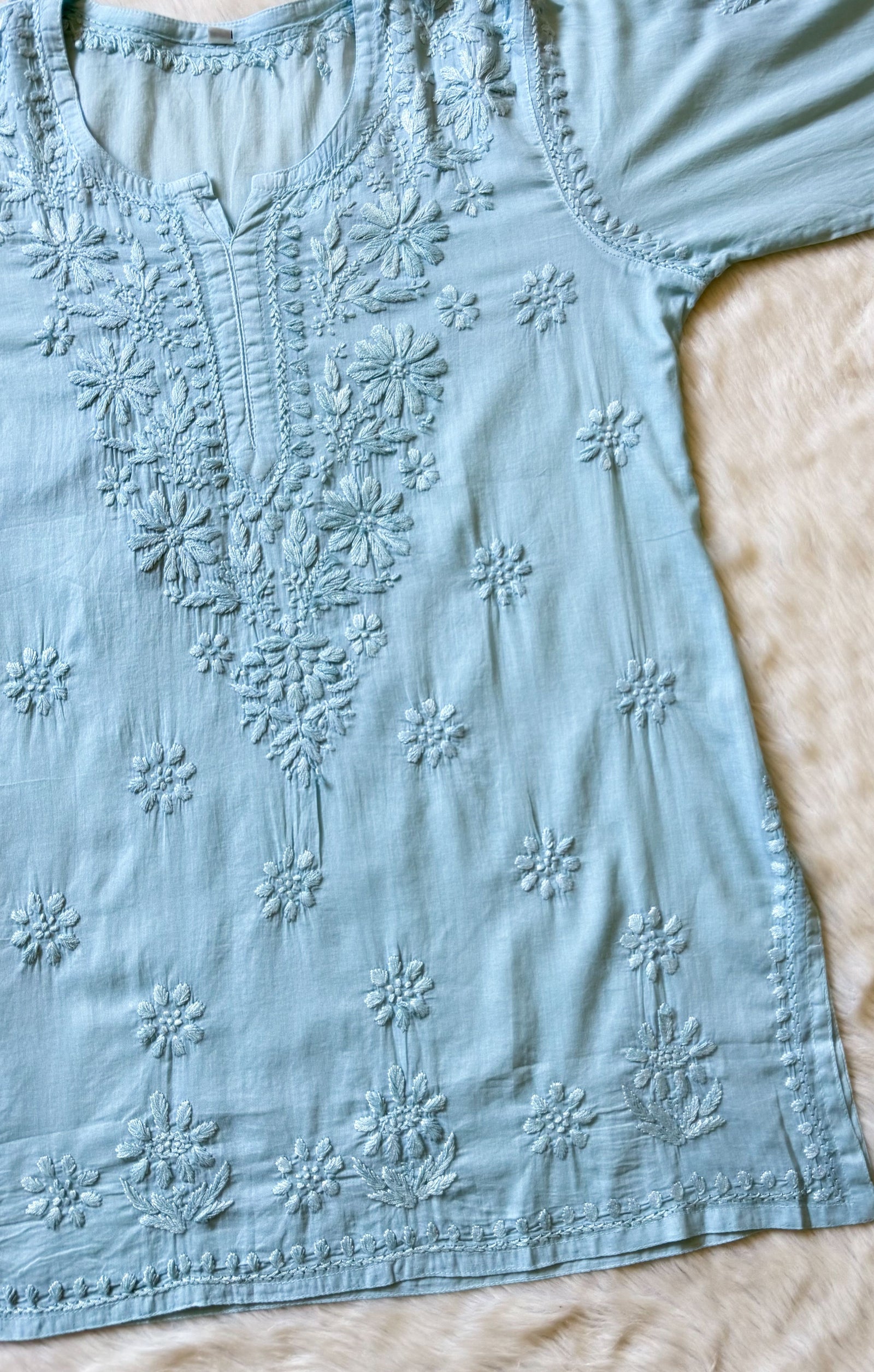 Falak Sky Blue Mulmul Short Kurti with Chikankari Handwork