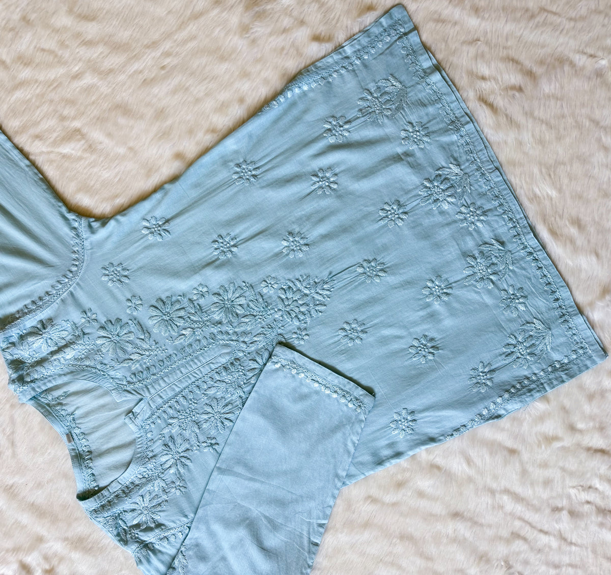 Falak Sky Blue Mulmul Short Kurti with Chikankari Handwork