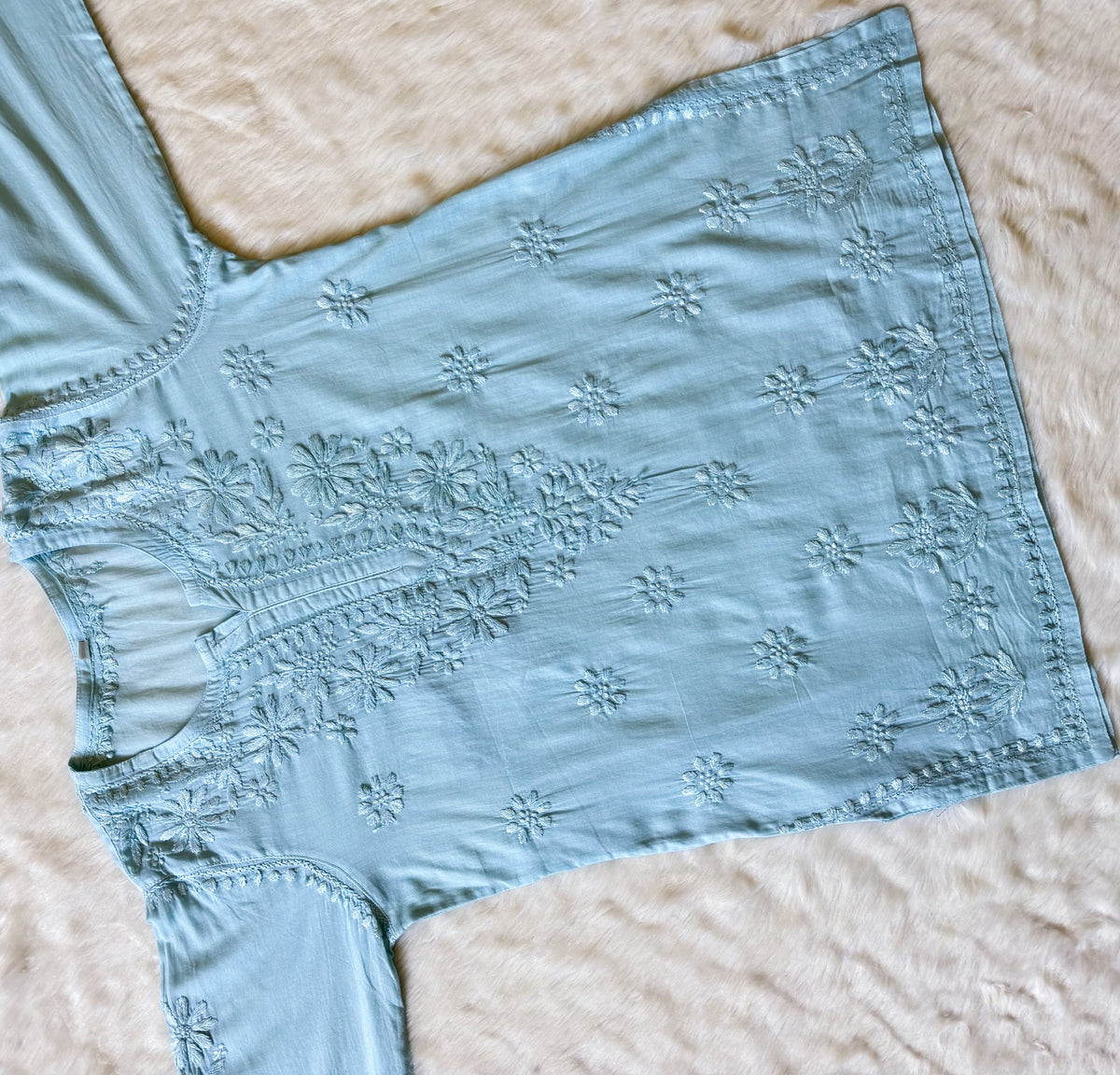 Falak Sky Blue Mulmul Short Kurti with Chikankari Handwork