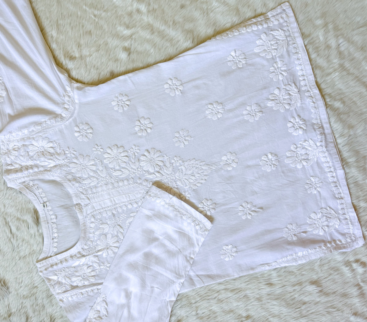 Falak White Mulmul Short Kurti with Chikankari Handwork