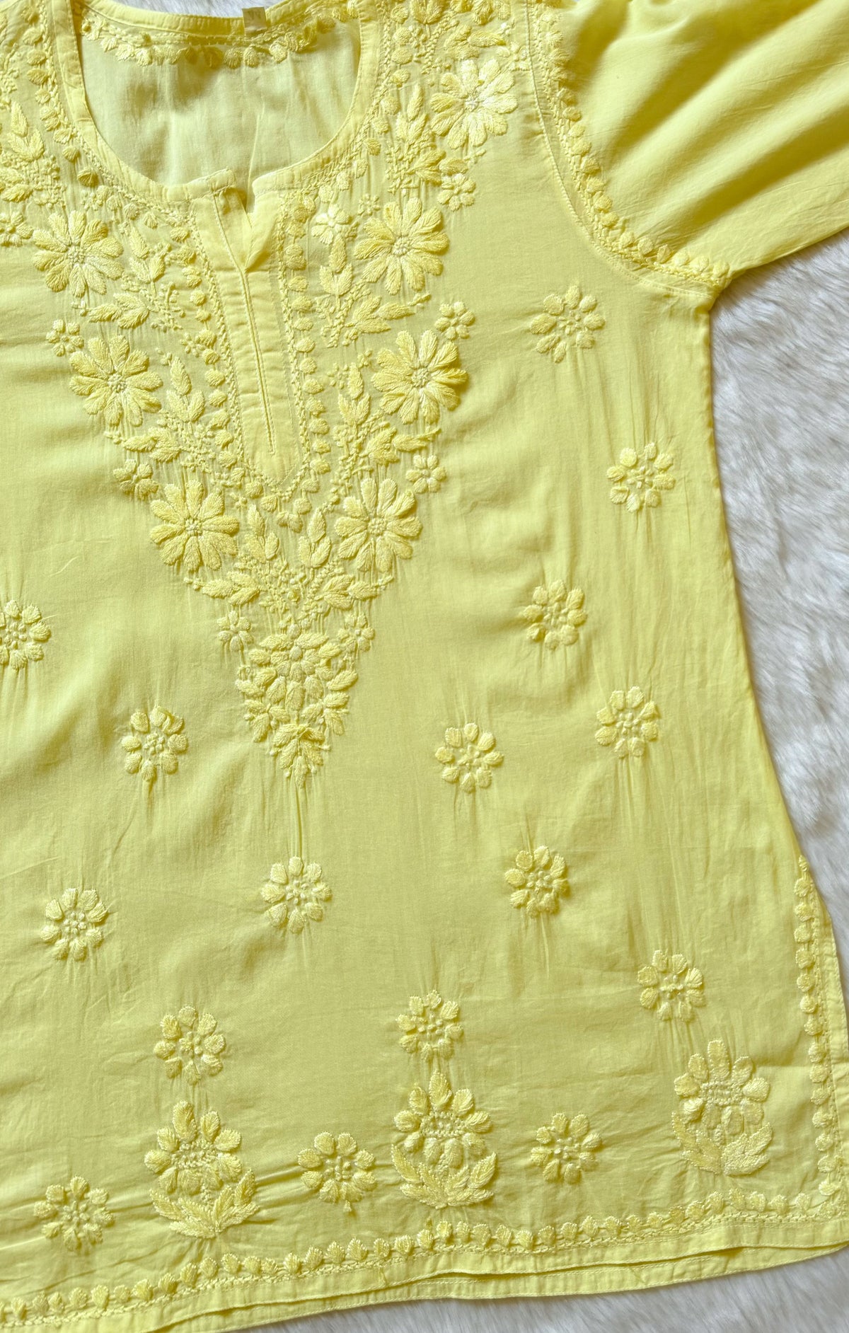 Falak Yellow Mulmul Short Kurti with Chikankari Handwork
