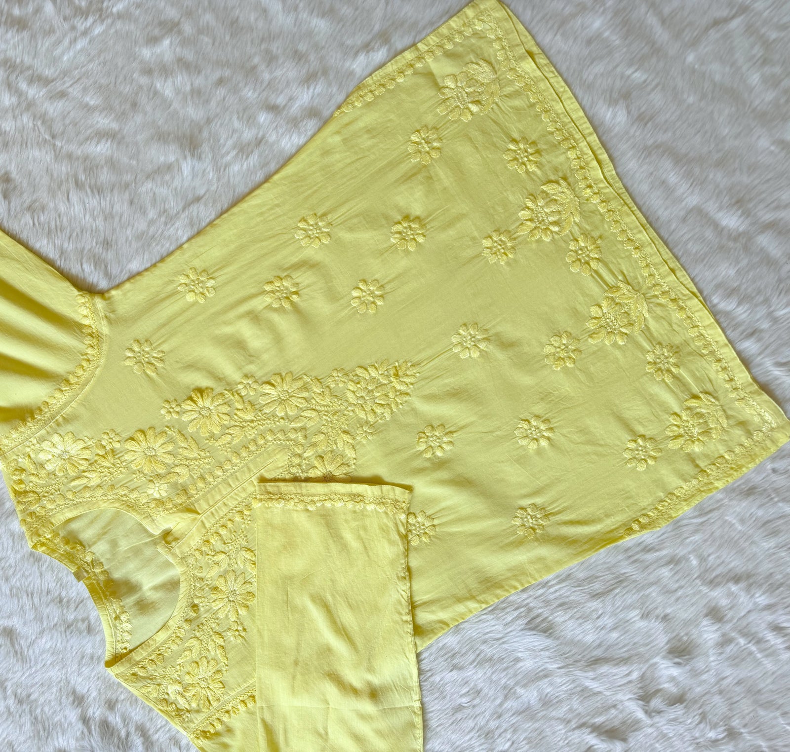 Falak Yellow Mulmul Short Kurti with Chikankari Handwork