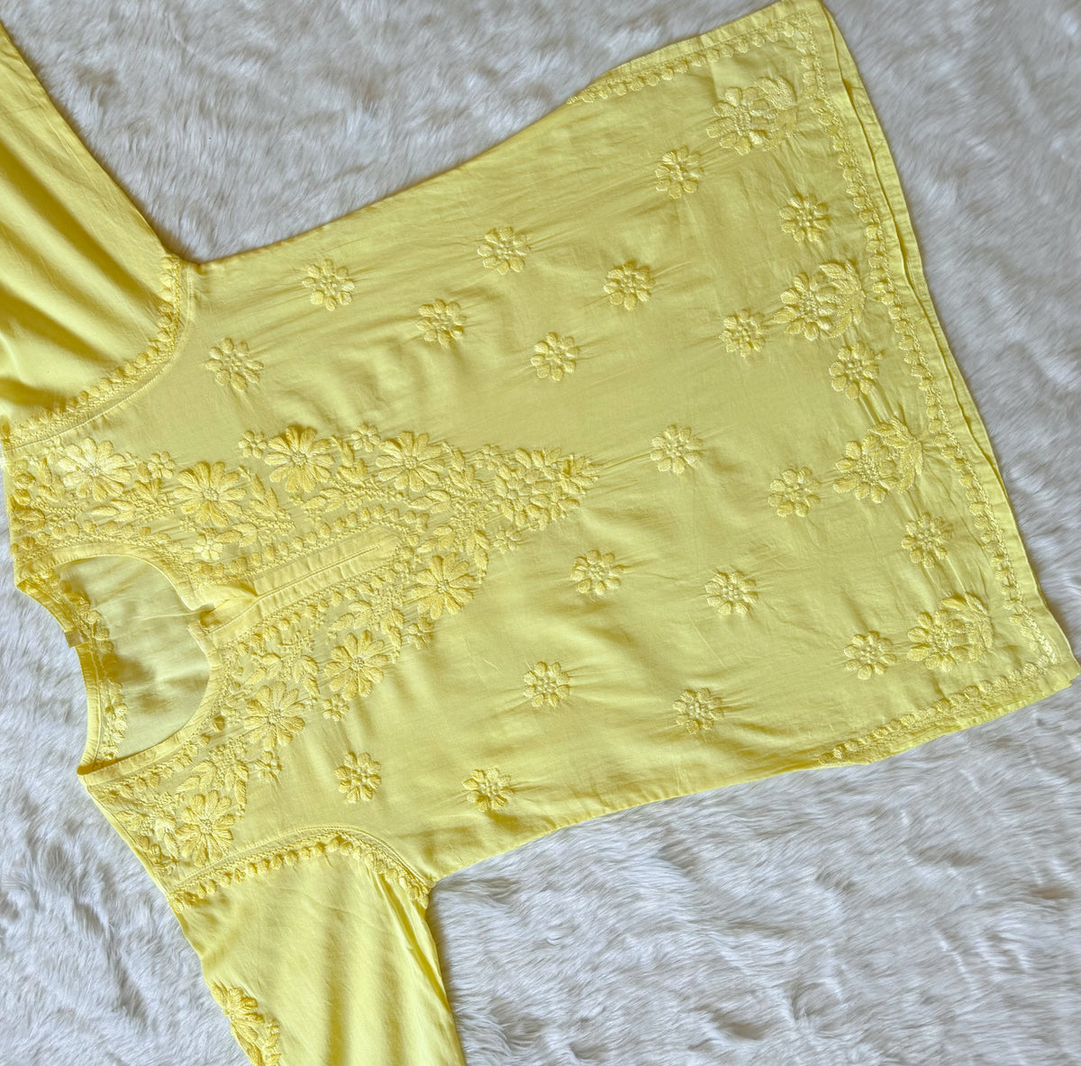 Falak Yellow Mulmul Short Kurti with Chikankari Handwork