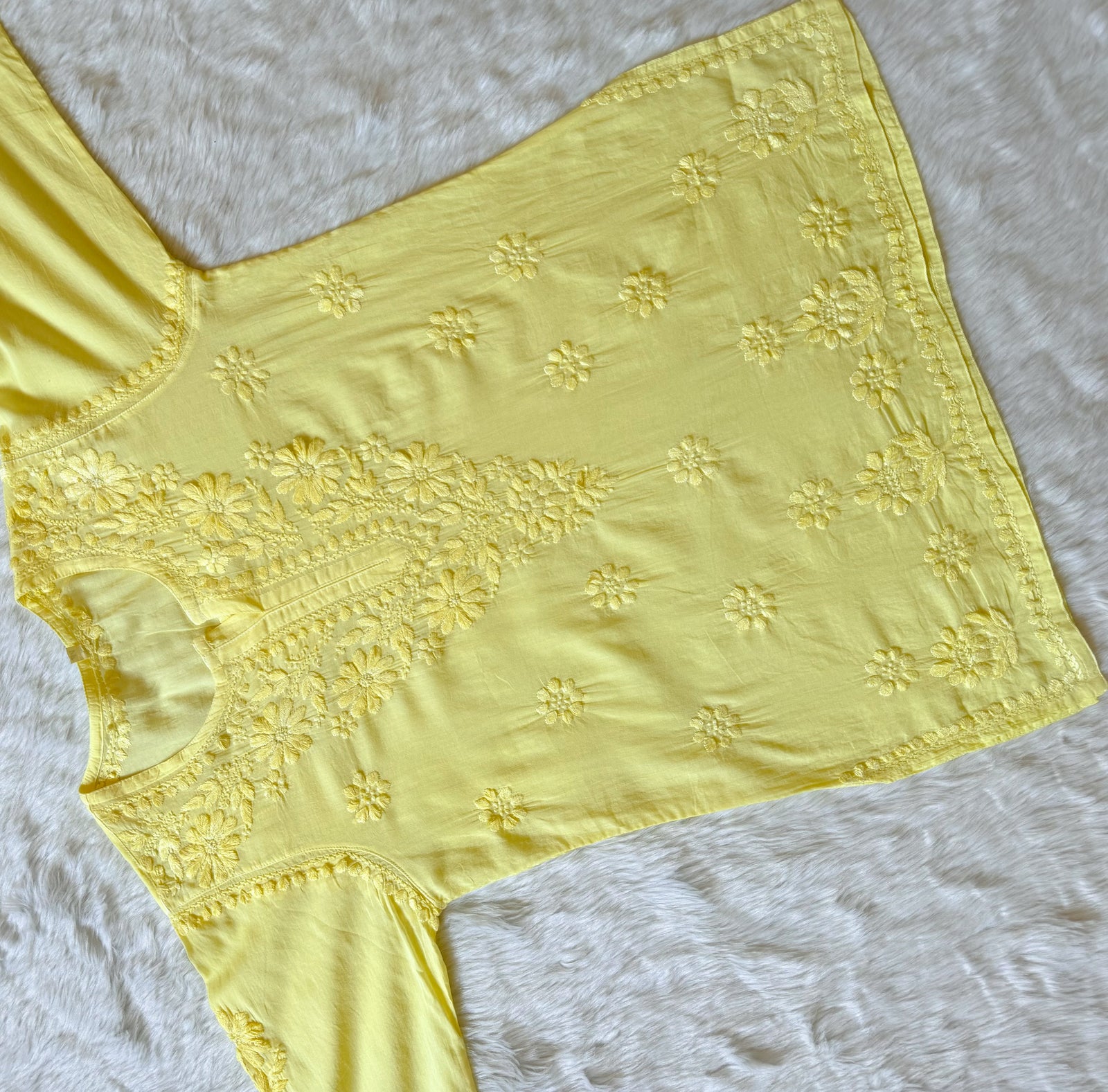 Falak Yellow Mulmul Short Kurti with Chikankari Handwork