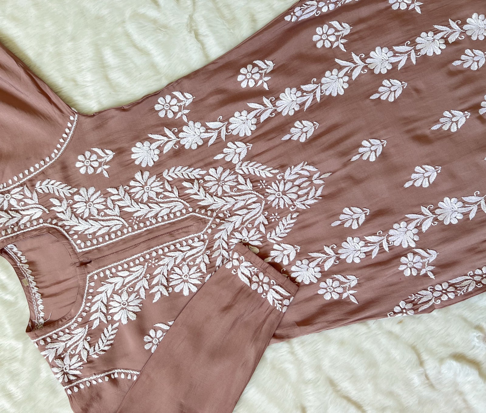 Fida Coffee Brown Muslin Long Kurta with Chikankari