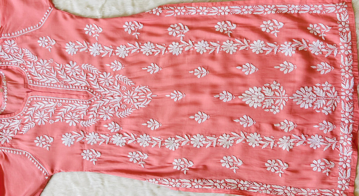 Fida Coral Muslin Long Kurta with Chikankari