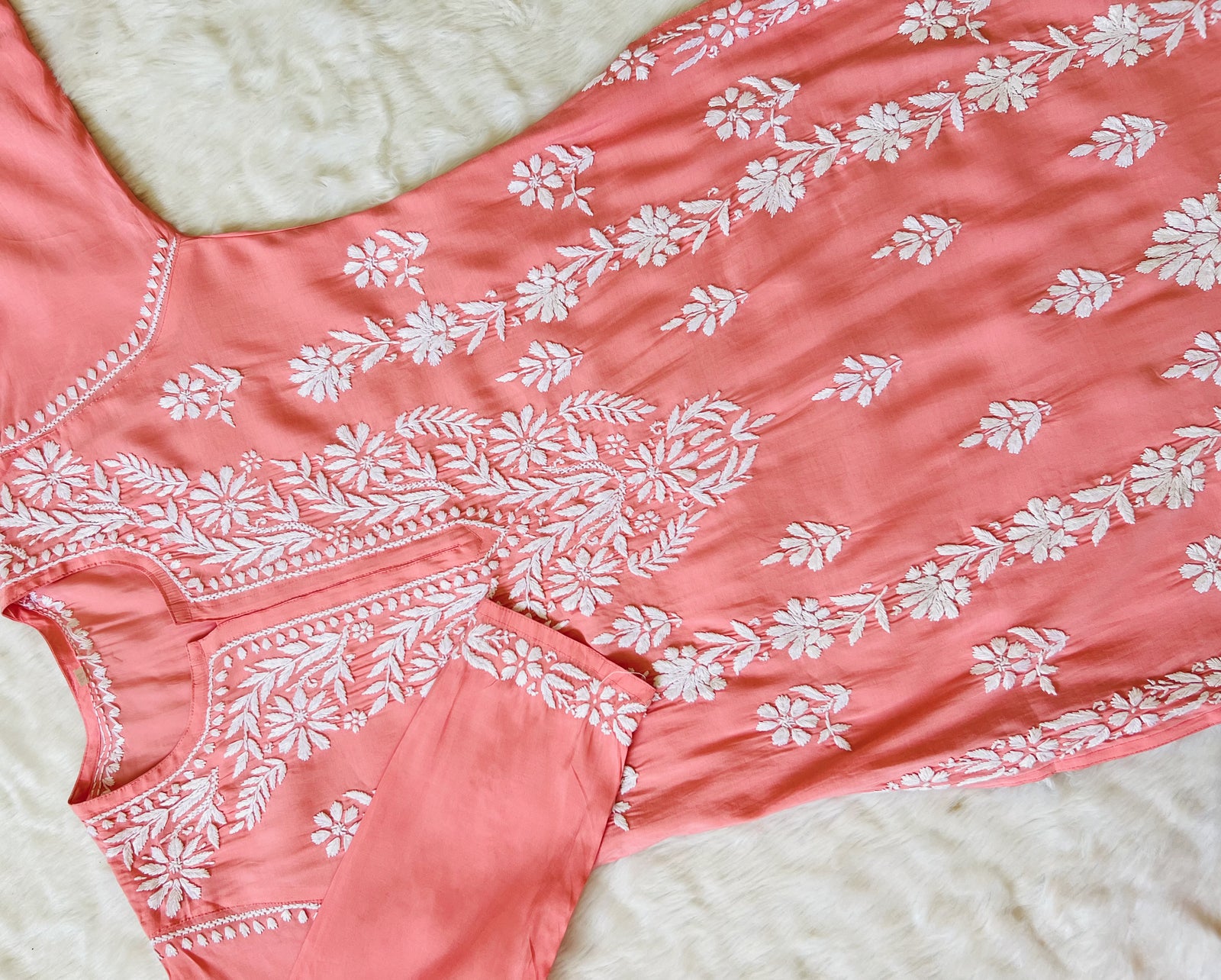 Fida Coral Muslin Long Kurta with Chikankari