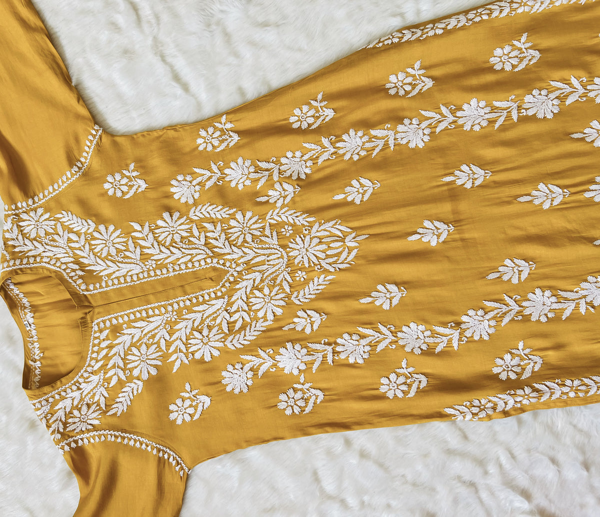 Fida Mustard Muslin Long Kurta with Chikankari