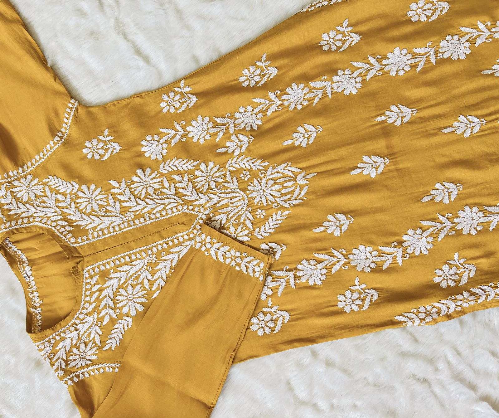 Fida Mustard Muslin Long Kurta with Chikankari